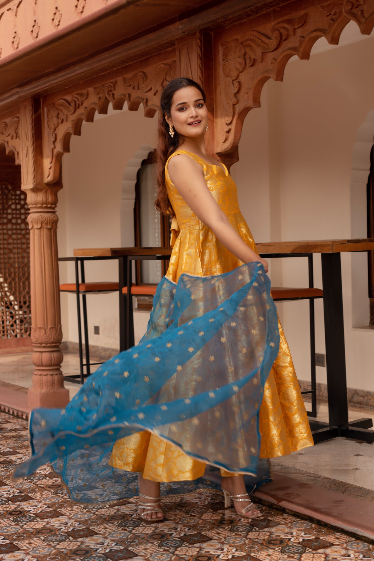 Yellow Jacquard Gotapatti Organza Anarkali Suit Set