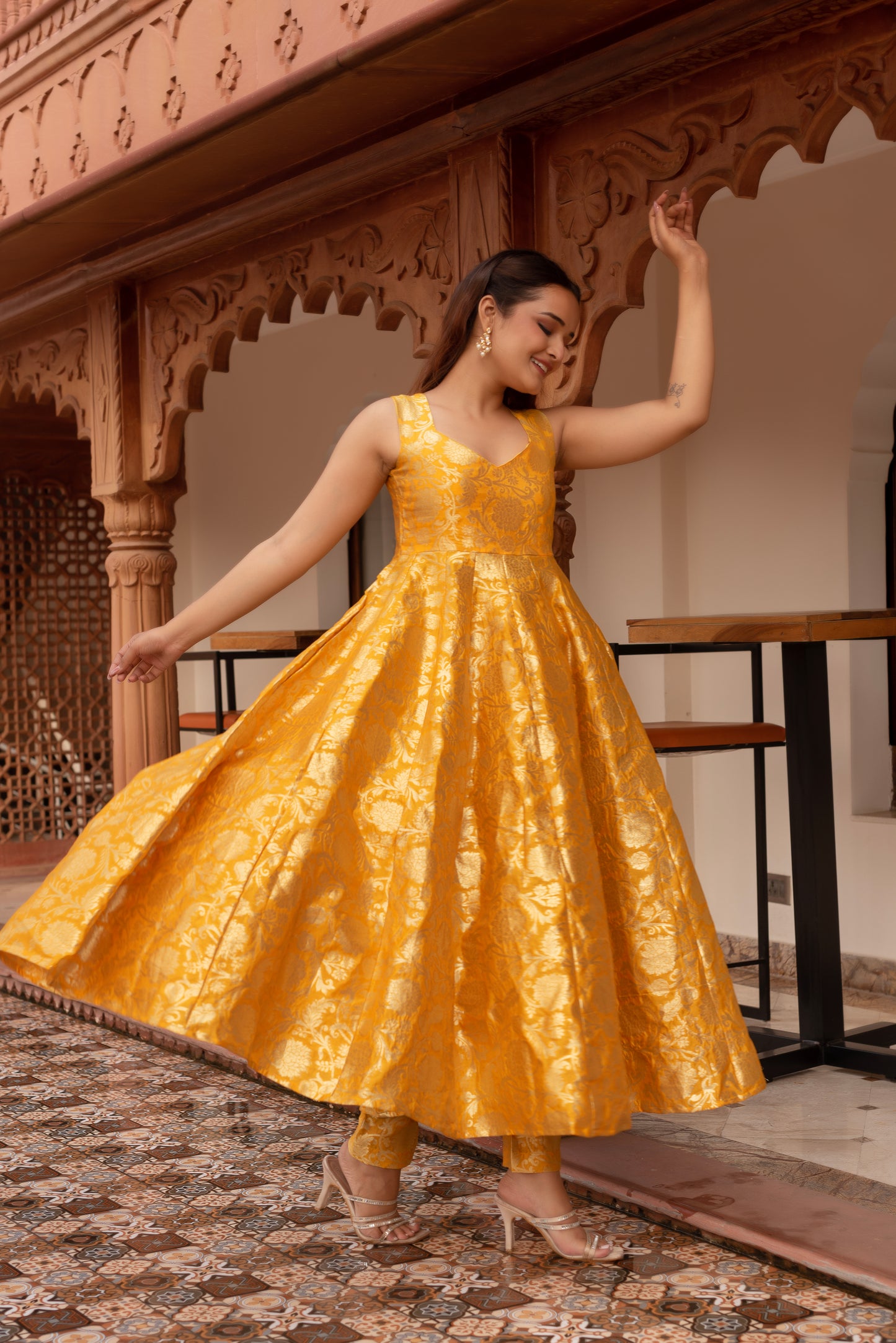 Yellow Jacquard Gotapatti Organza Anarkali Suit Set