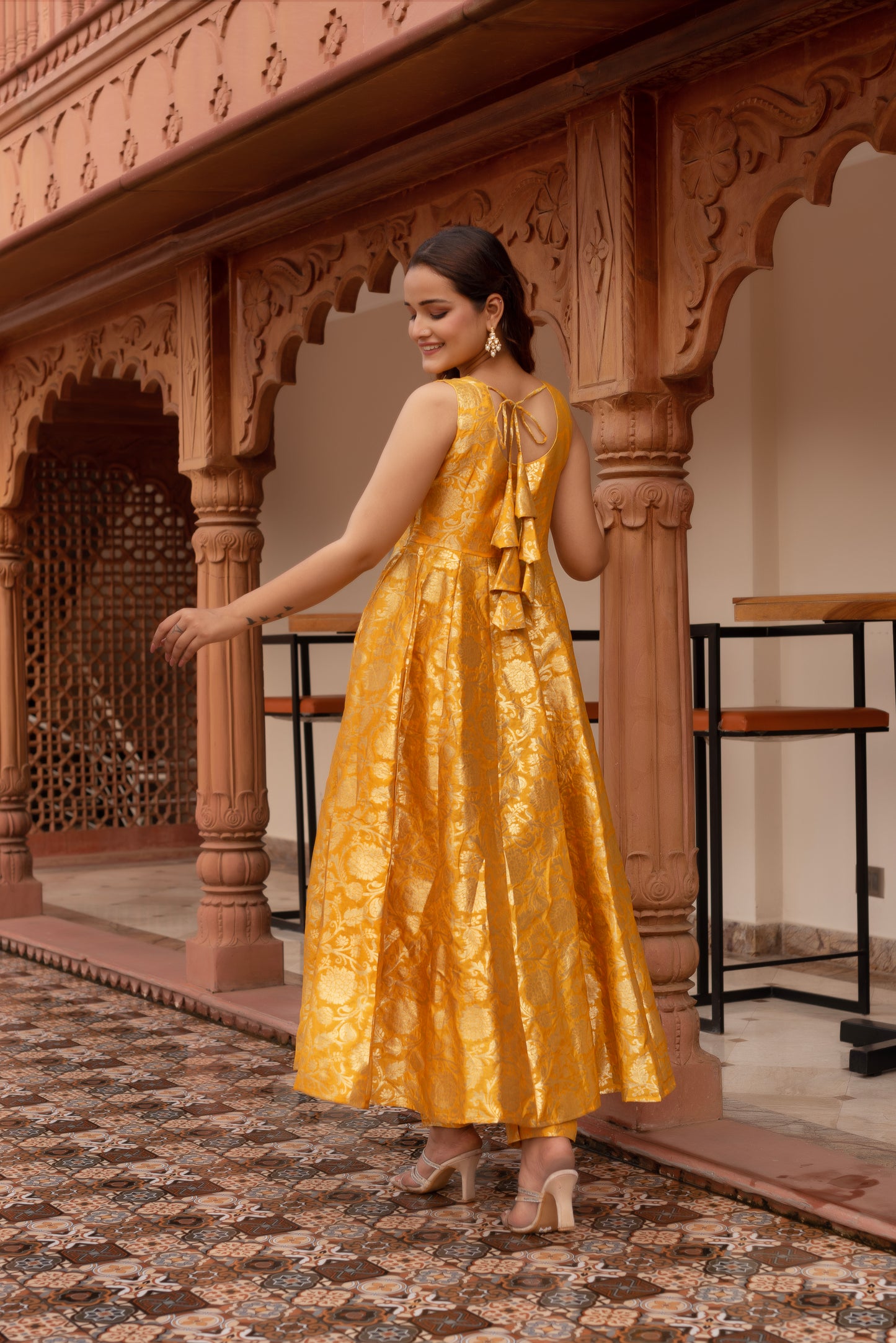 Yellow Jacquard Gotapatti Organza Anarkali Suit Set