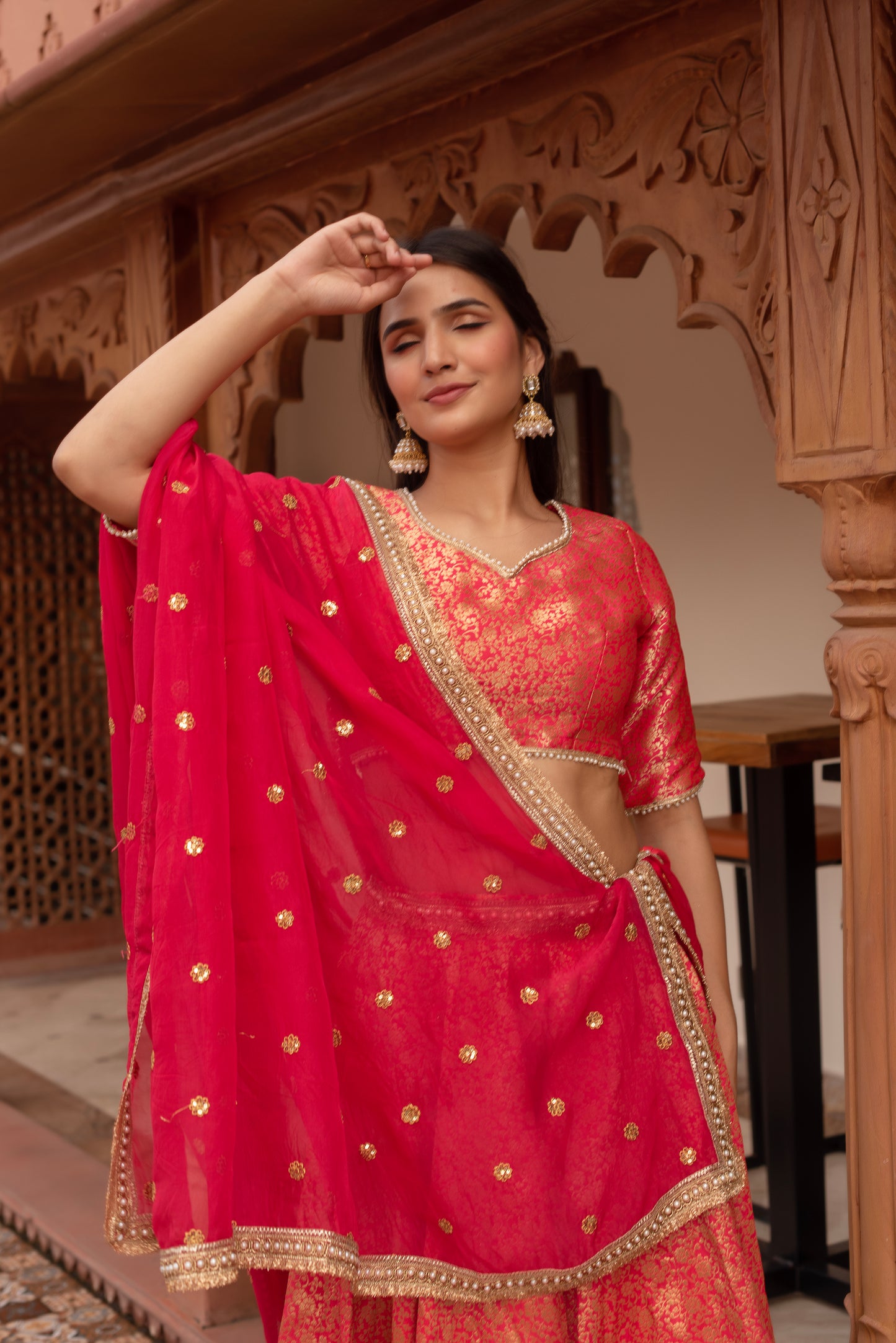 Carrot Pink Jacquard Embroidered Lehenga Set