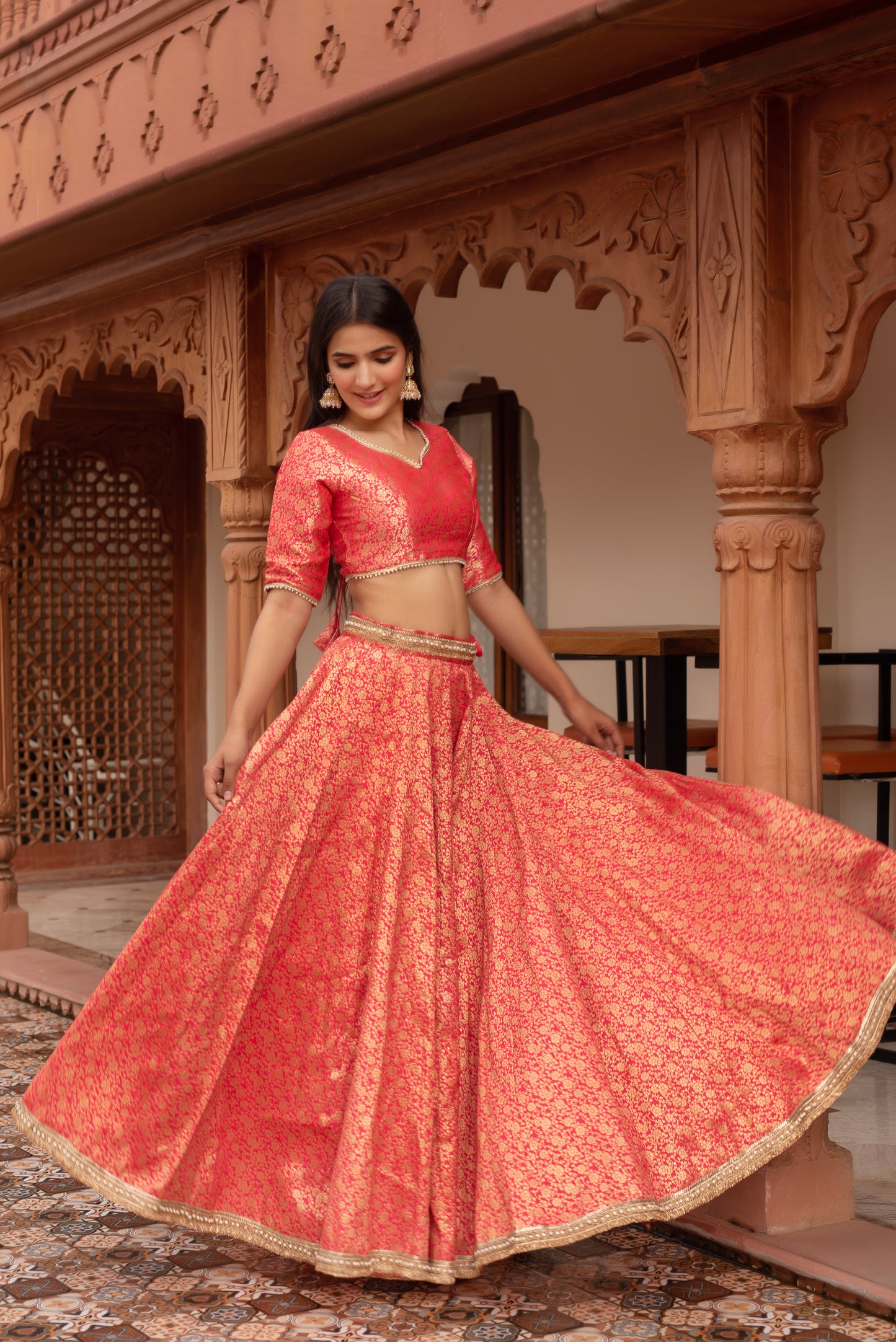 Carrot Pink Jacquard Embroidered Lehenga Set