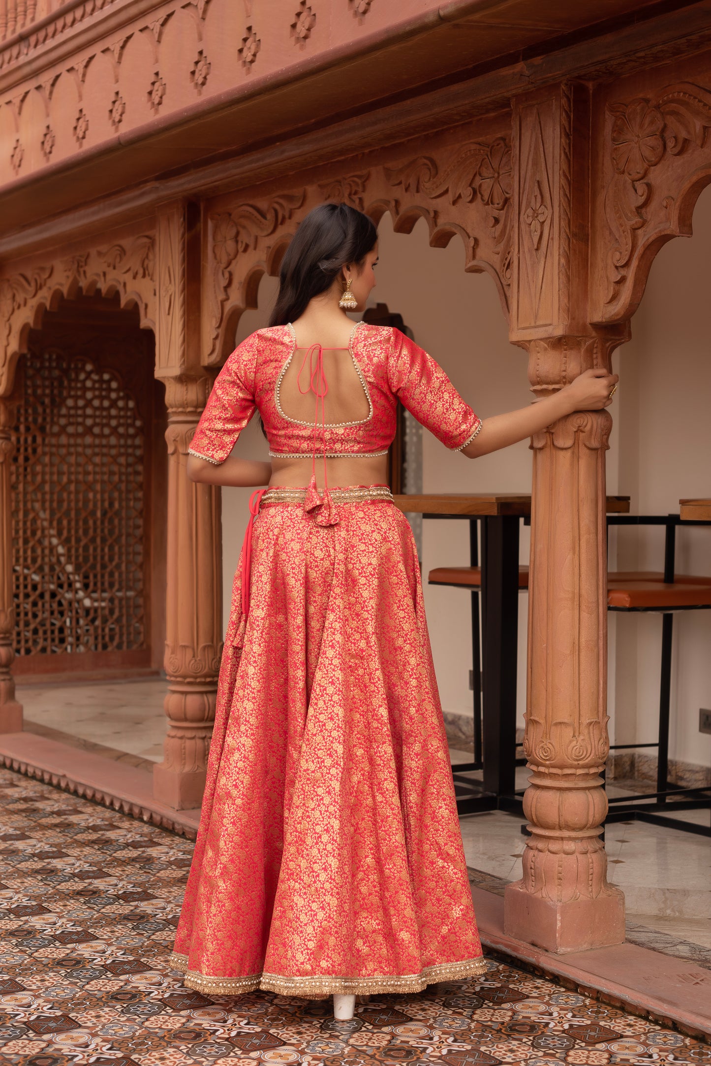 Carrot Pink Jacquard Embroidered Lehenga Set