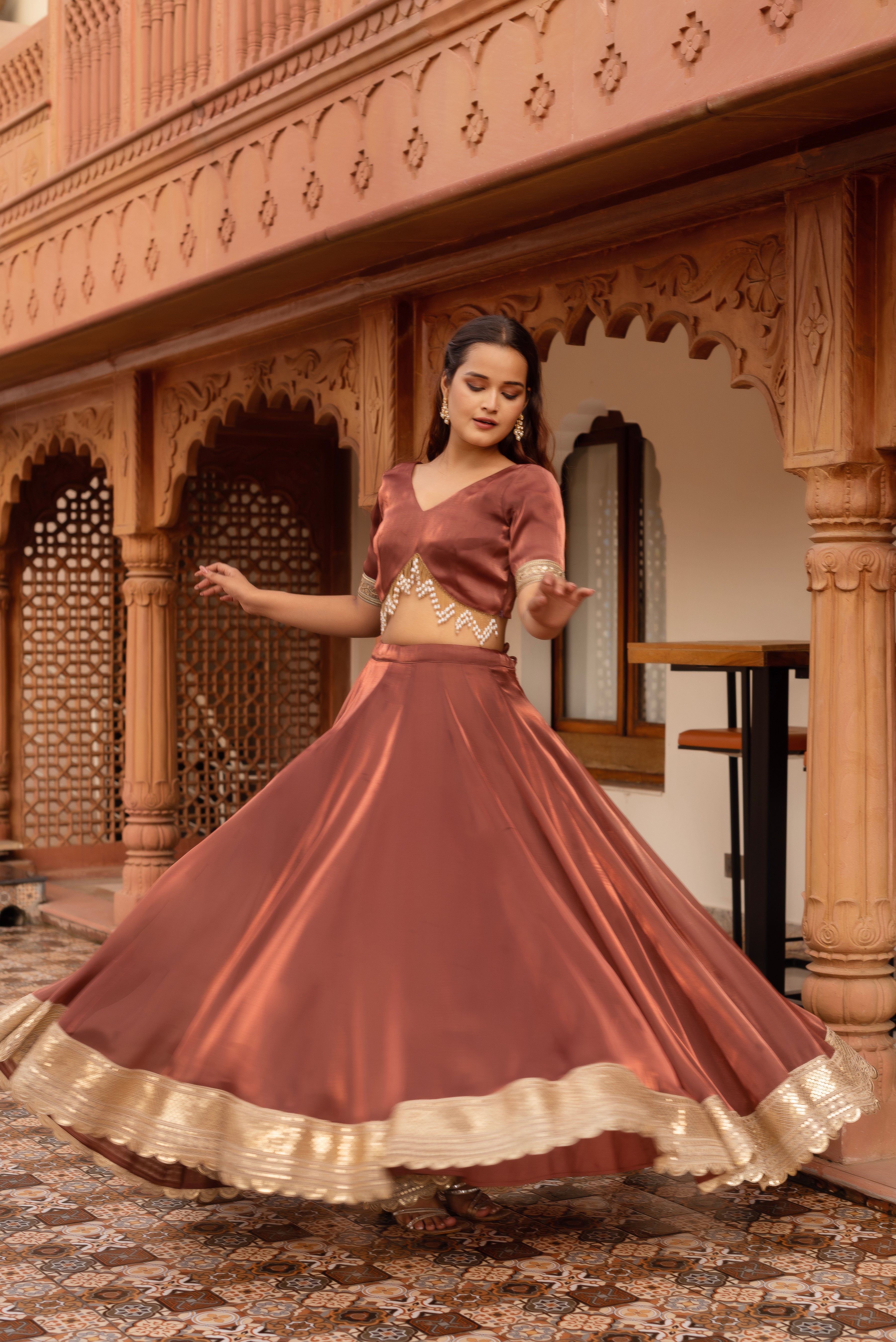 Rosegold Organza Embroidered And Sequined Lehenga Set