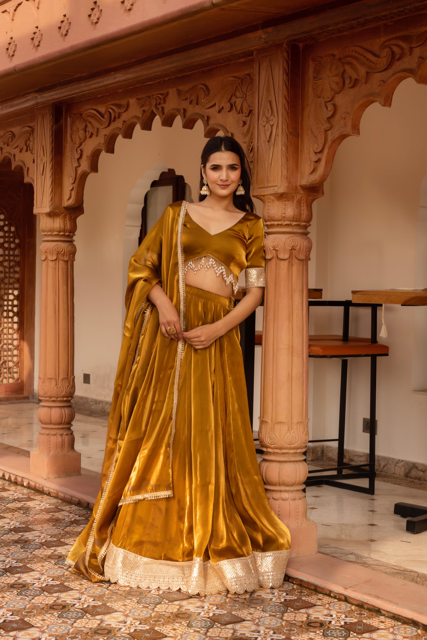 Gold Organza Embroidered And Sequined Lehenga Set