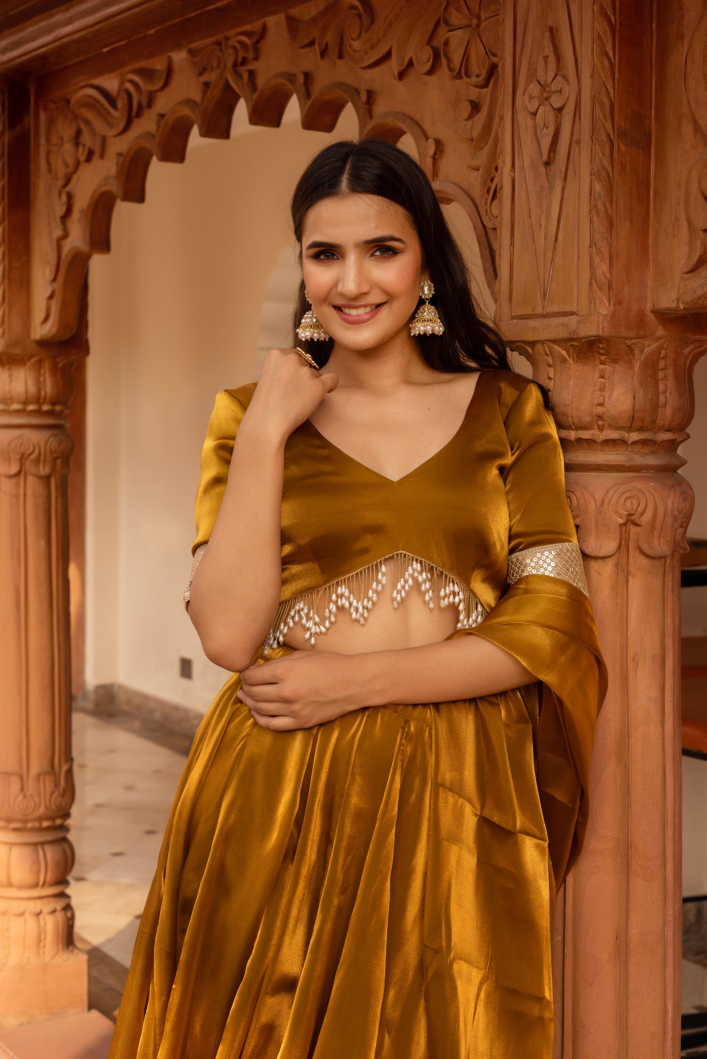Gold Organza Embroidered And Sequined Lehenga Set