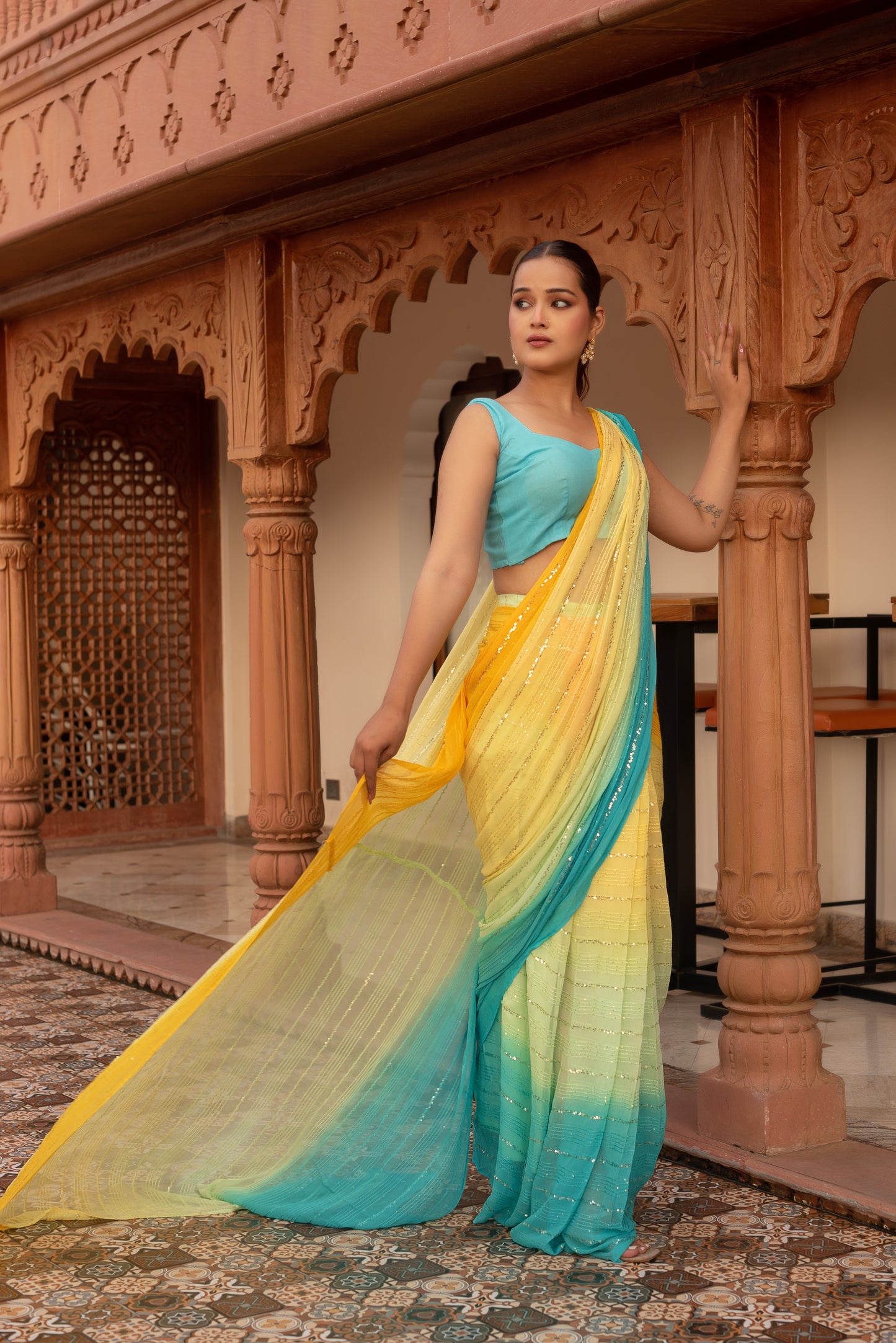 Shiny Yellow Sequined Georgette Pre-draped Saree