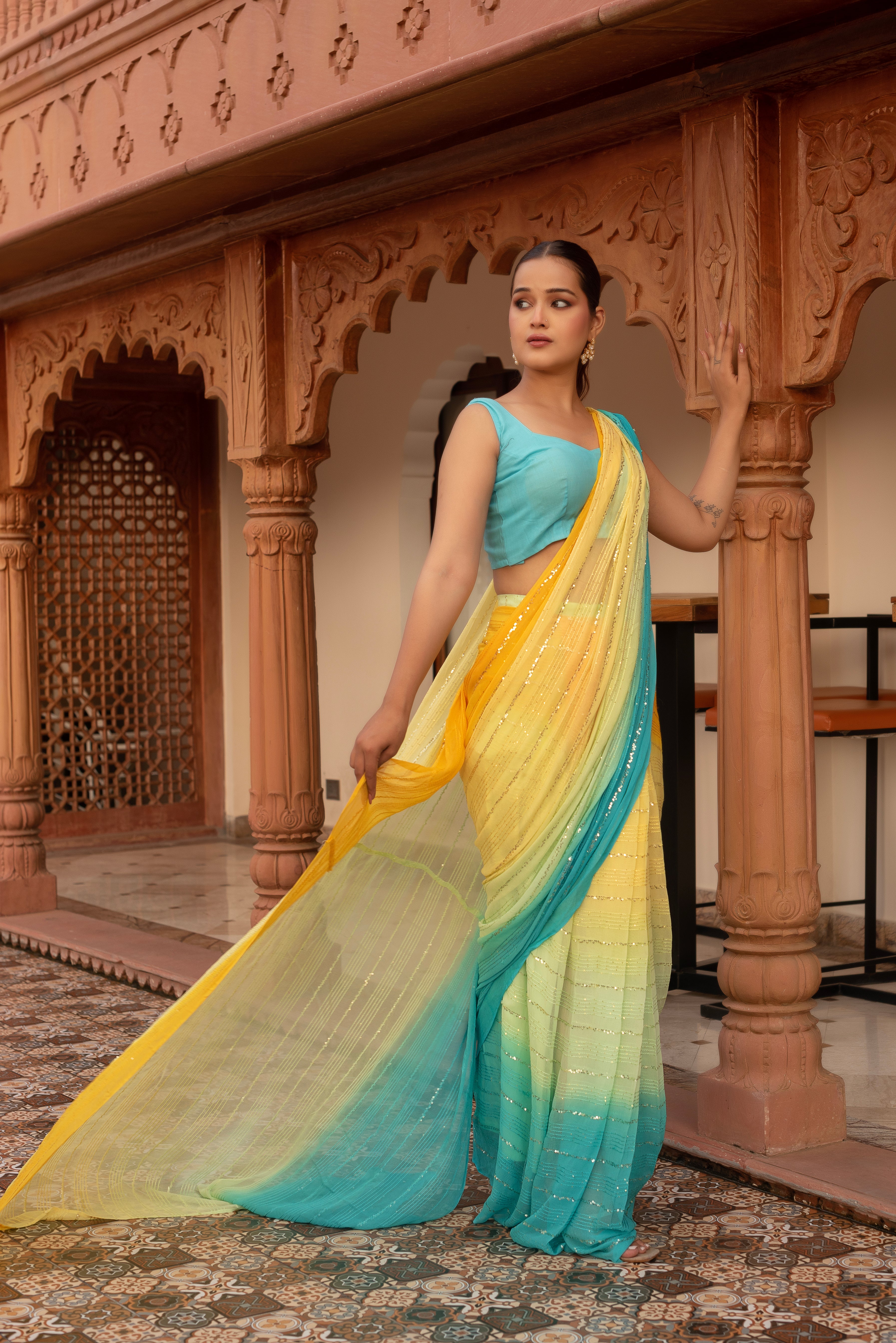 Shiny Yellow Sequined Georgette Pre-draped Saree
