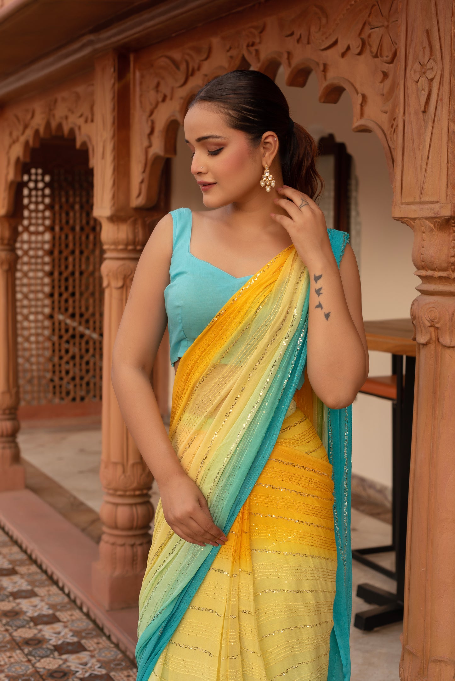 Shiny Yellow Sequined Georgette Pre-draped Saree