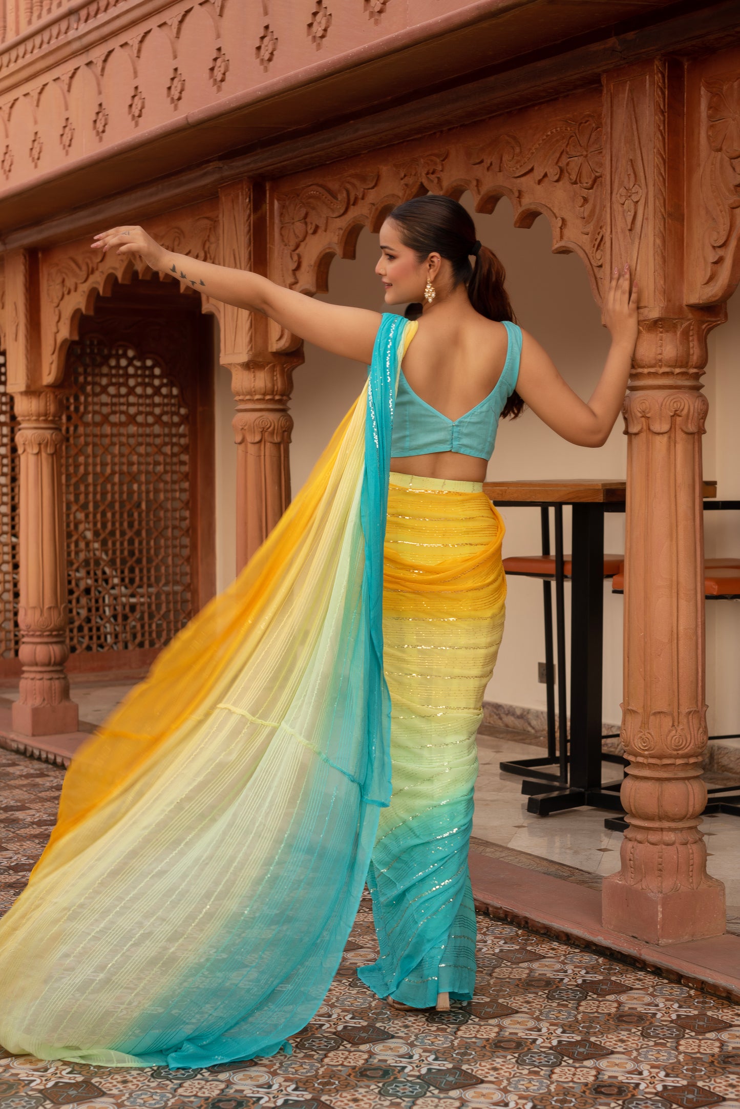 Shiny Yellow Sequined Georgette Pre-draped Saree