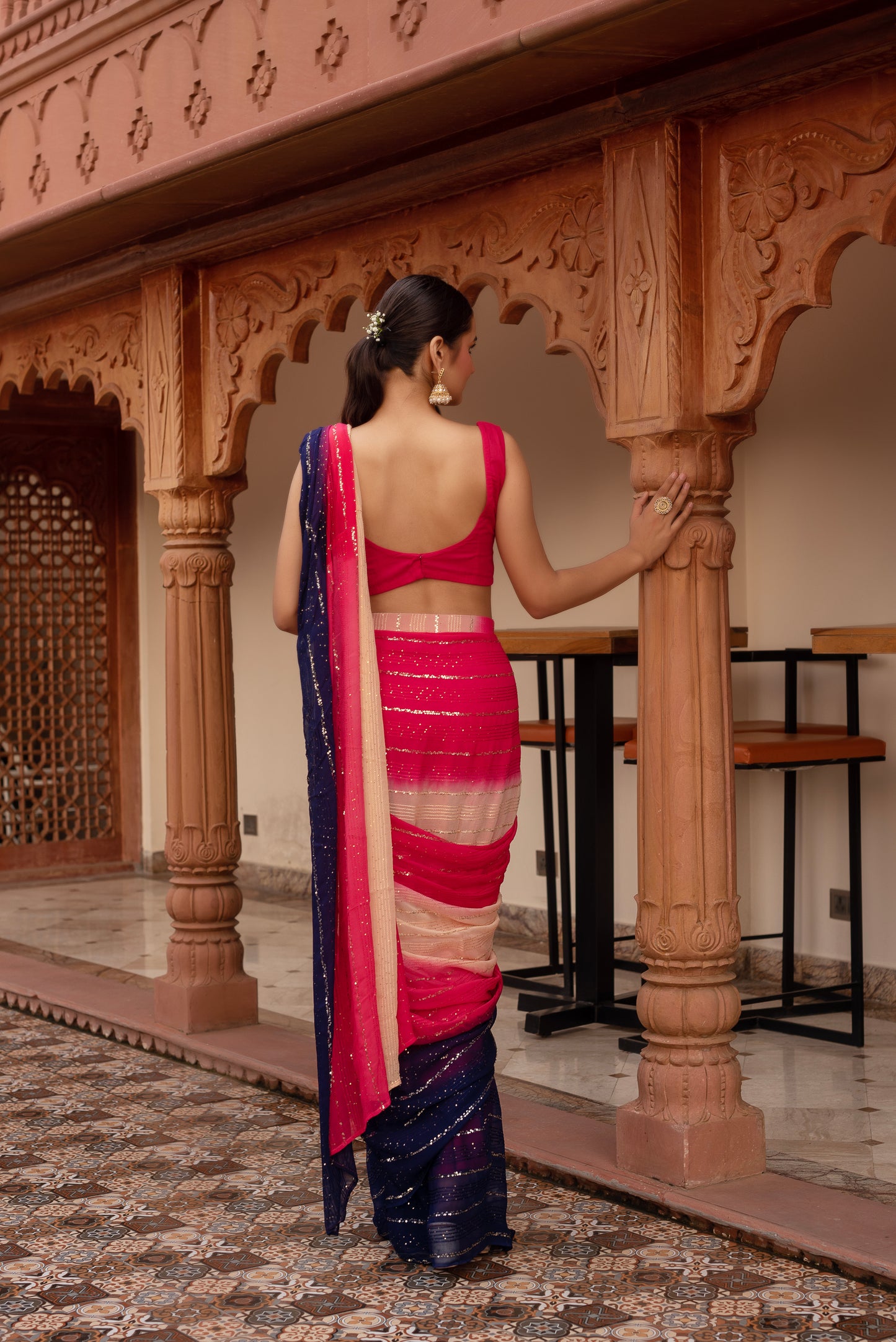 Alia Pink Sequined Georgette Pre-draped Saree