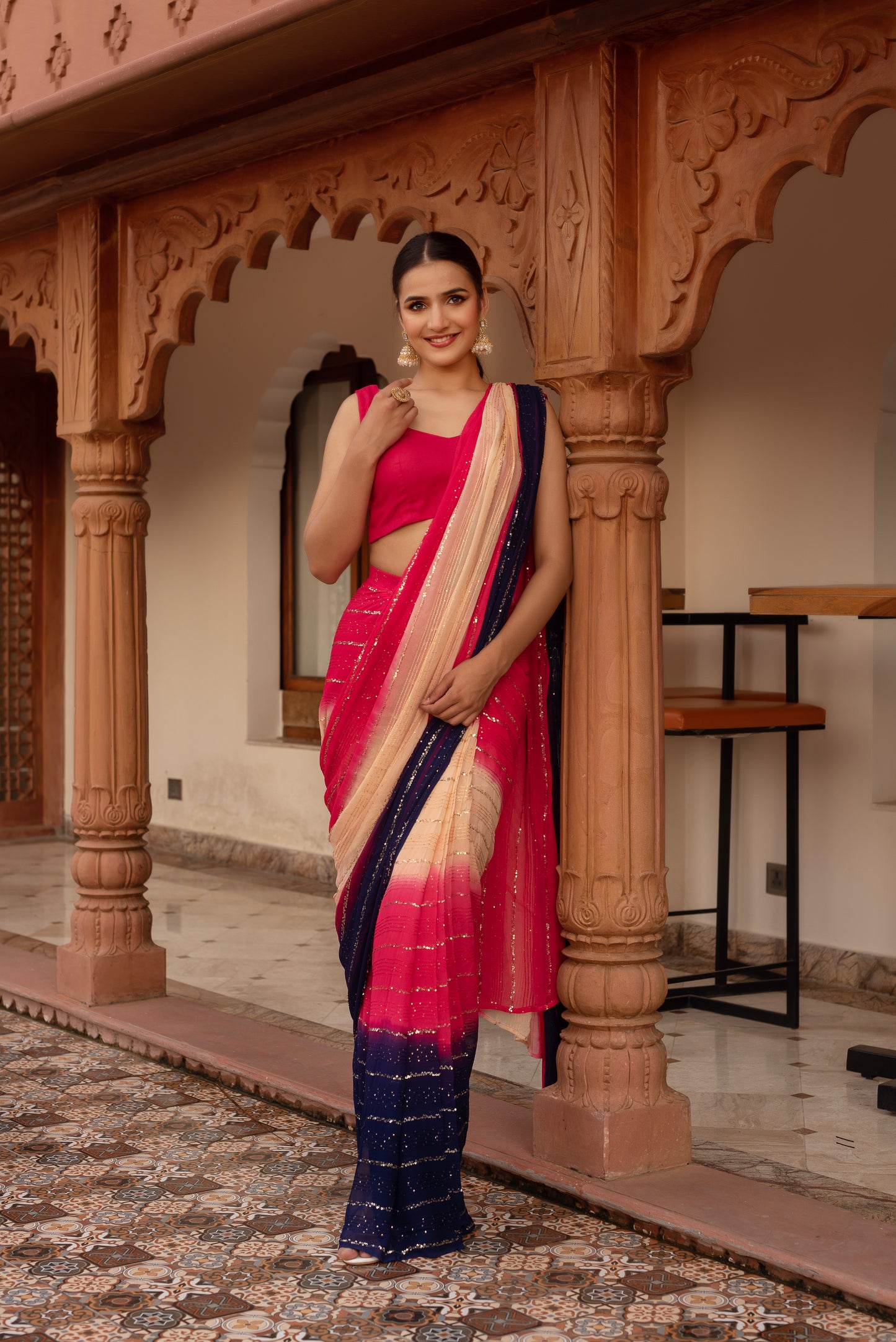 Alia Pink Sequined Georgette Pre-draped Saree