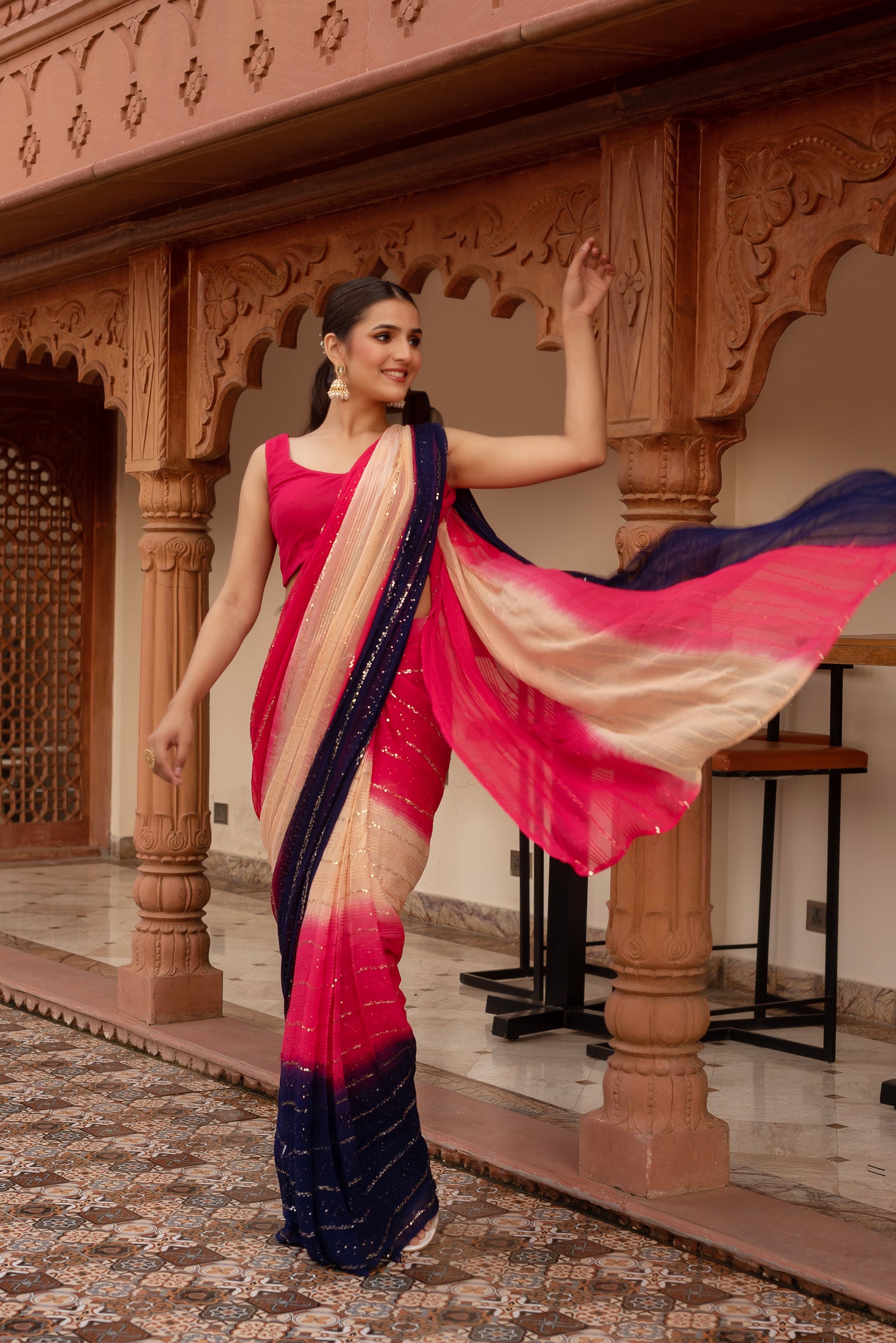 Alia Pink Sequined Georgette Pre-draped Saree