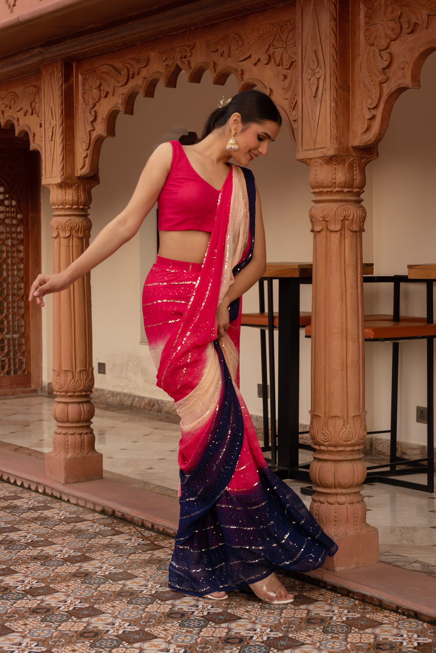 Alia Pink Sequined Georgette Pre-draped Saree