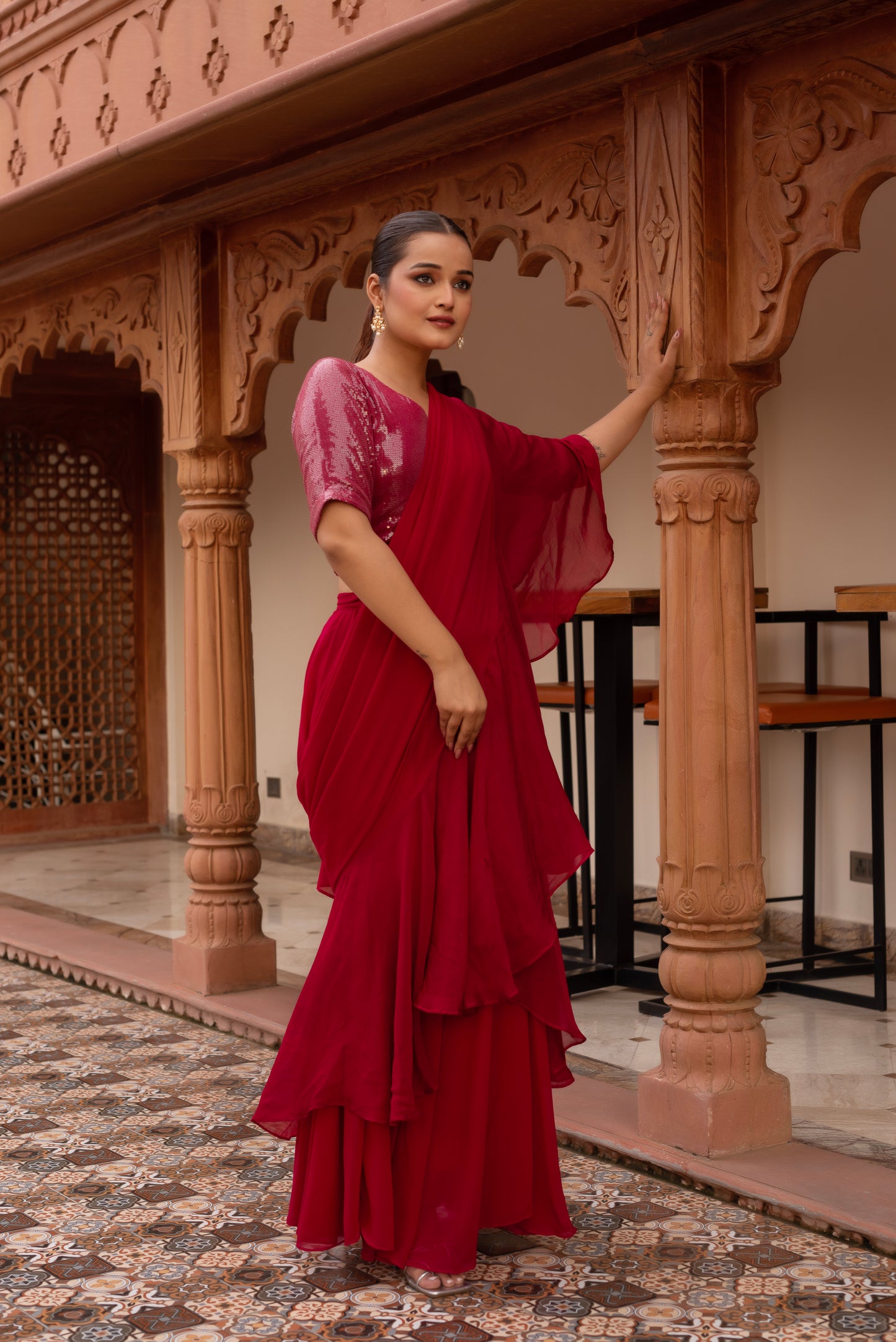 Rani Sequined Georgette Organza Pre-draped Saree