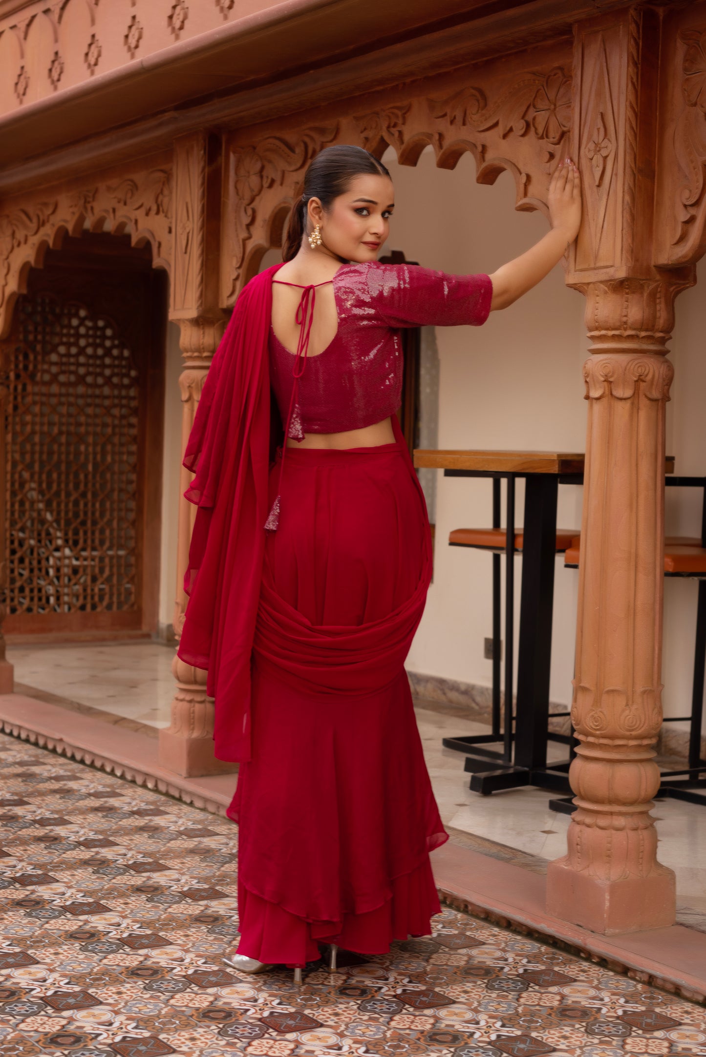 Rani Sequined Georgette Organza Pre-draped Saree