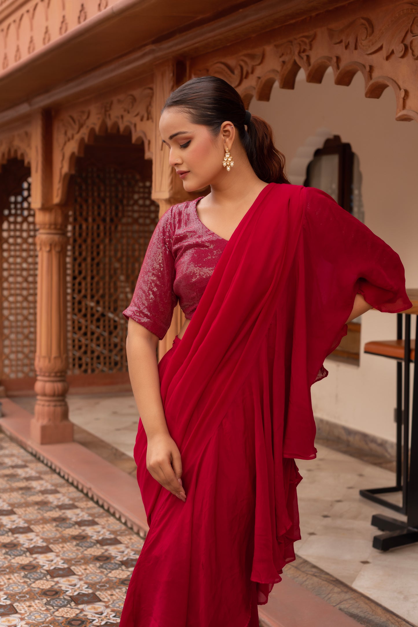 Rani Sequined Georgette Organza Pre-draped Saree