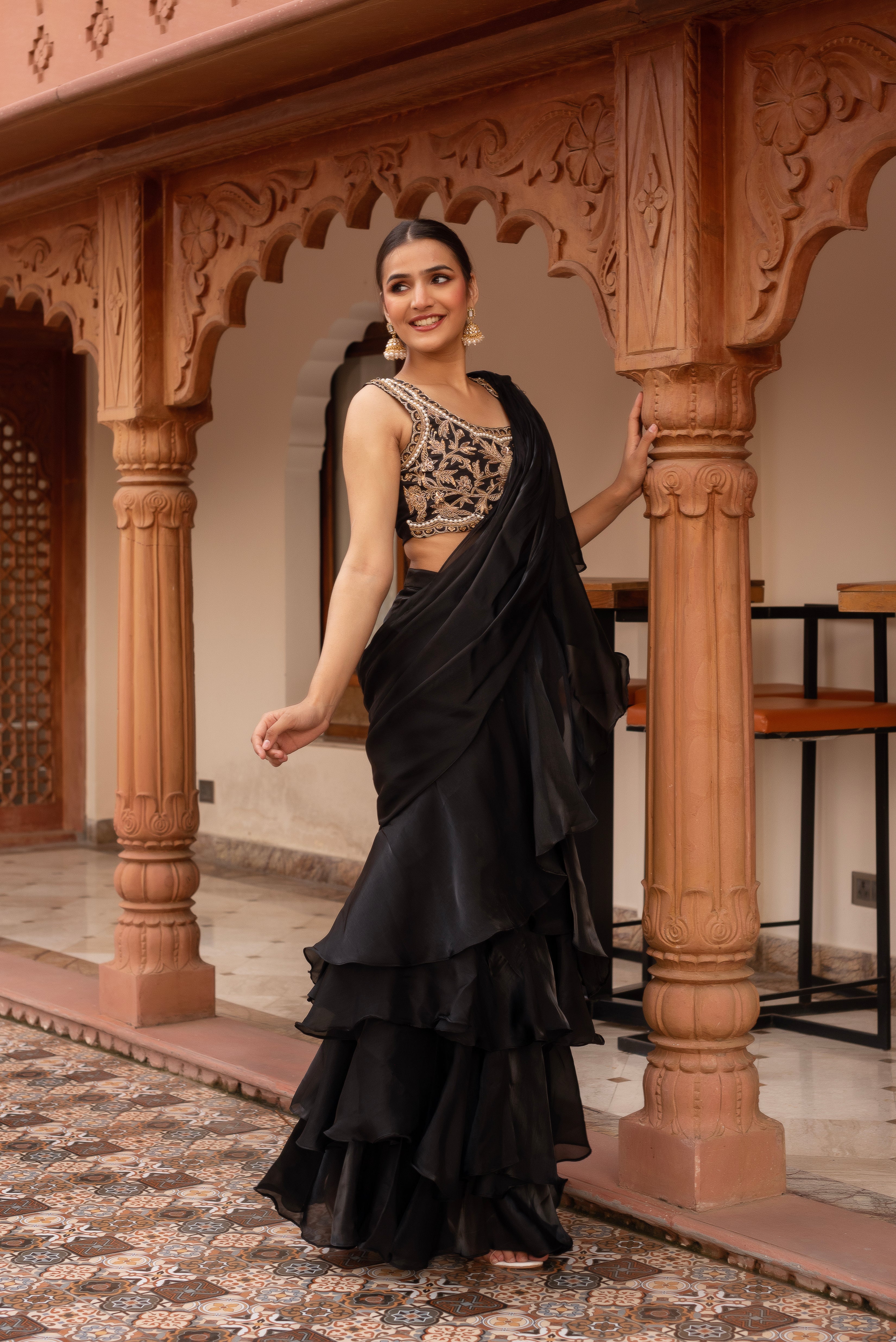 Black Handwork Organza Pre-draped Saree