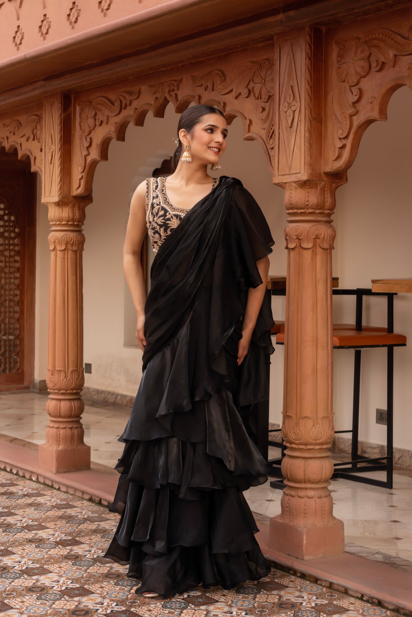 Black Handwork Organza Pre-draped Saree