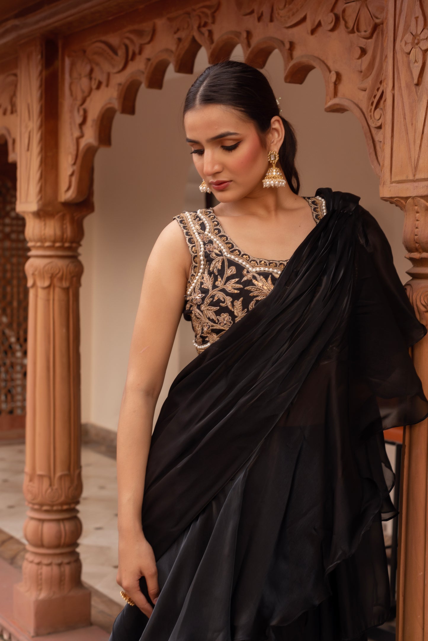 Black Handwork Organza Pre-draped Saree