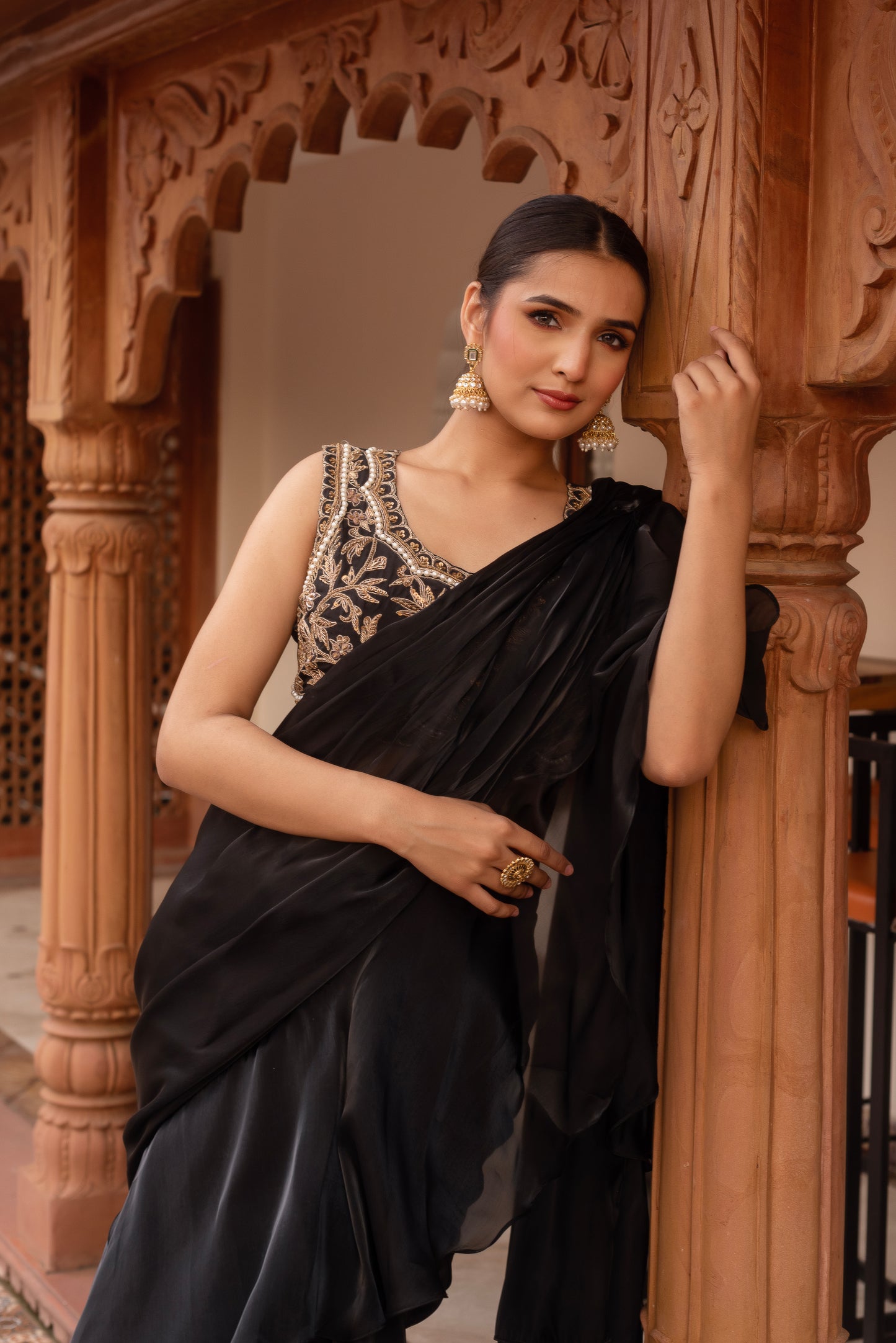 Black Handwork Organza Pre-draped Saree