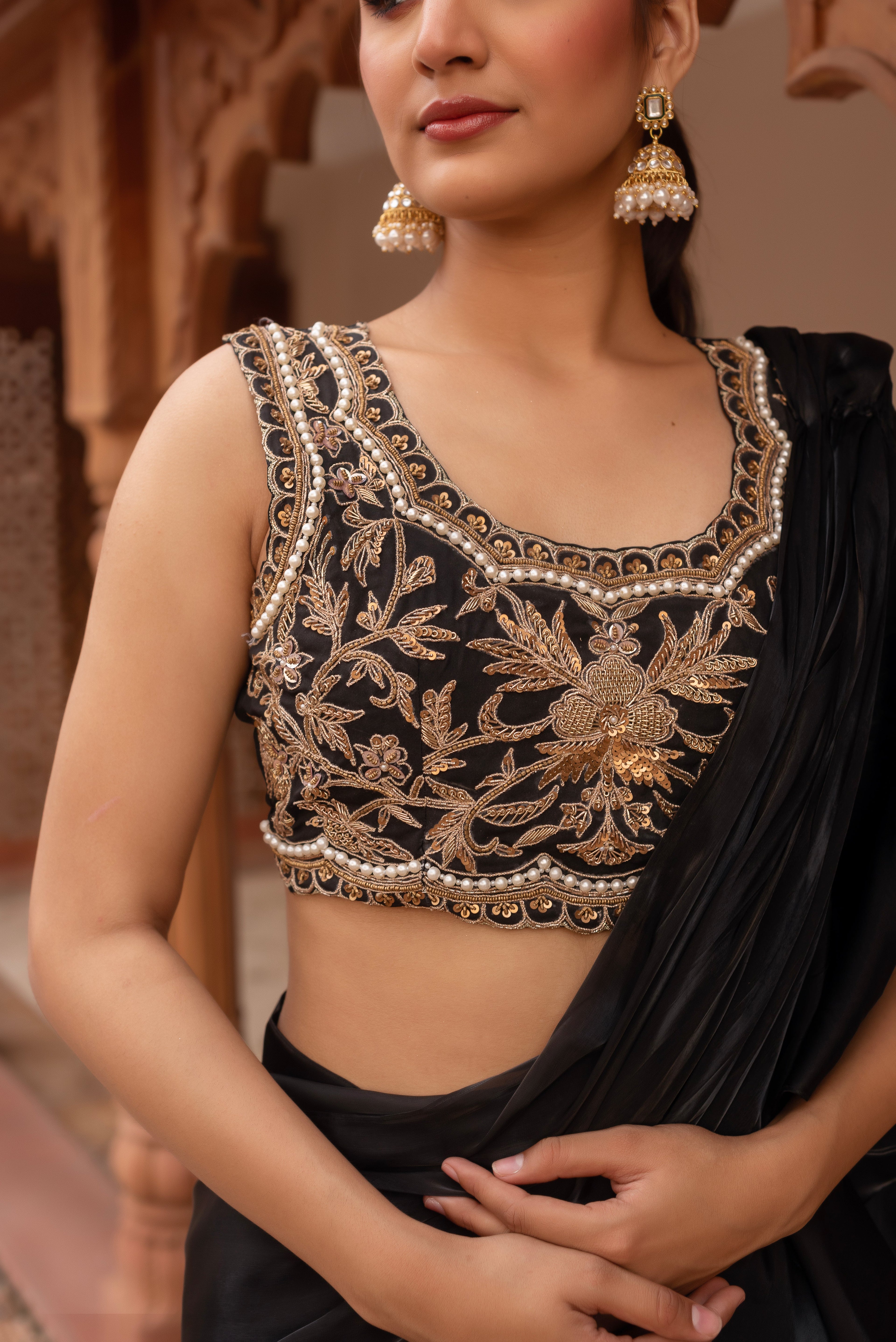 Black Handwork Organza Pre-draped Saree