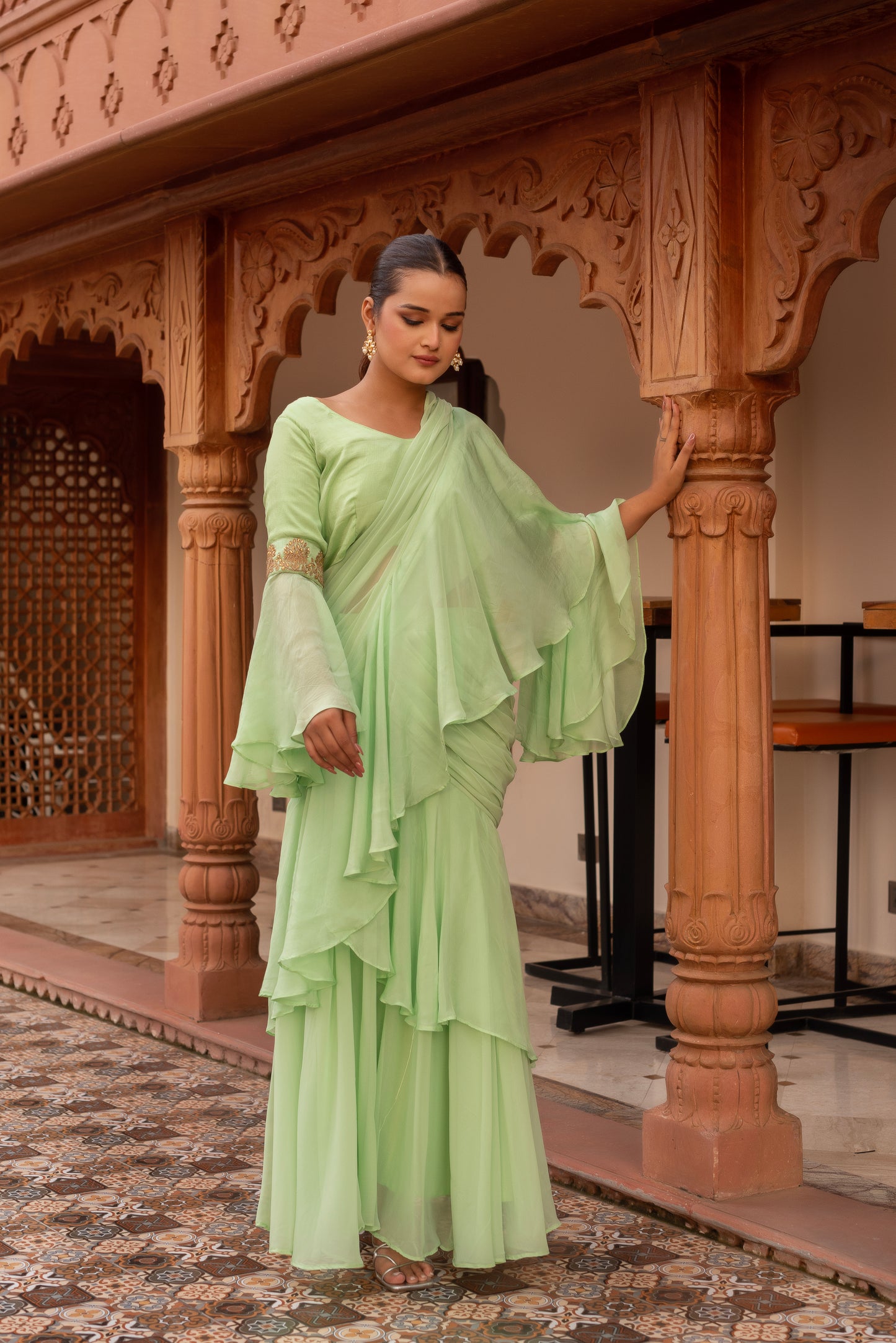 Elaichi Organza Georgette Pre-Draped Saree
