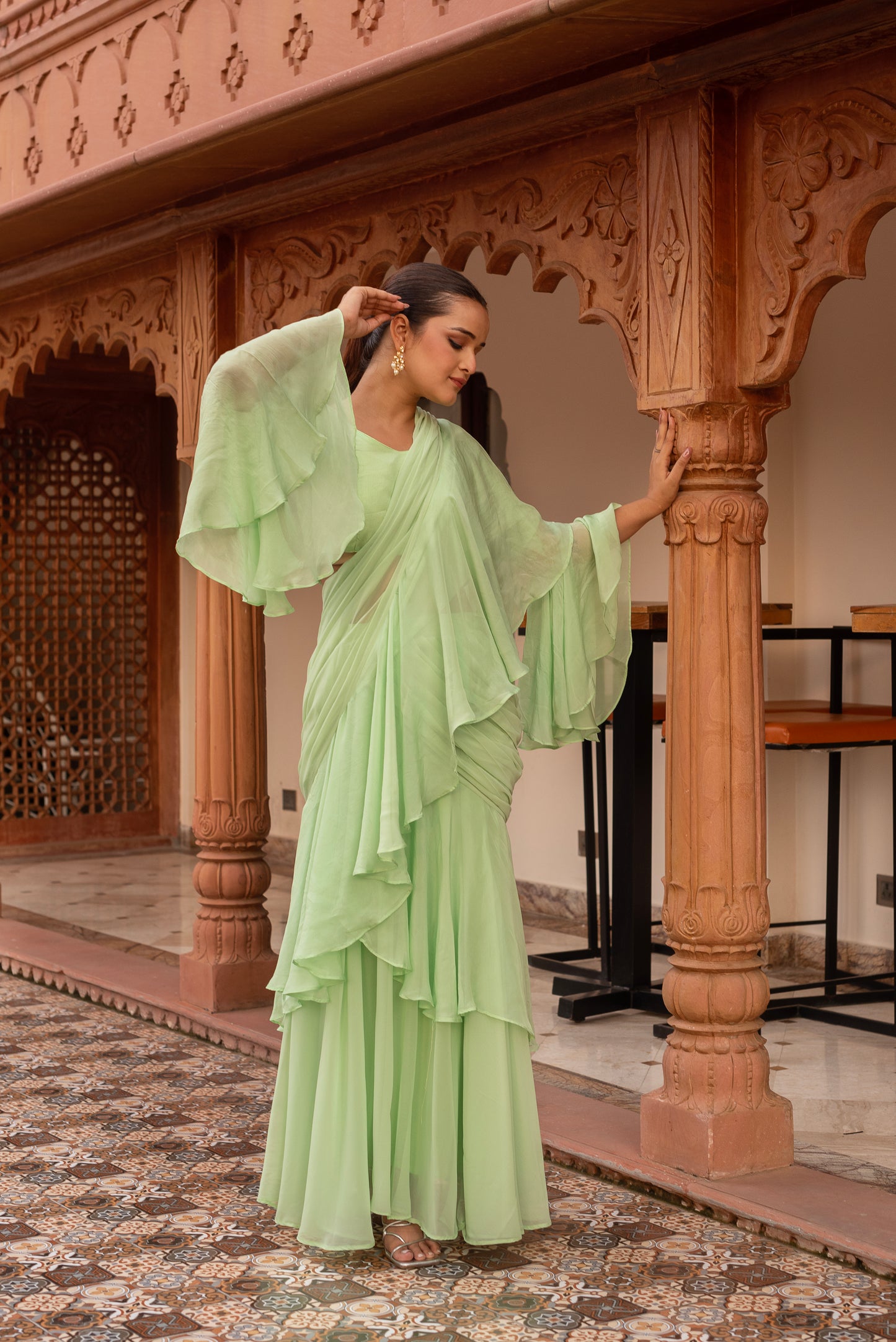 Elaichi Organza Georgette Pre-Draped Saree