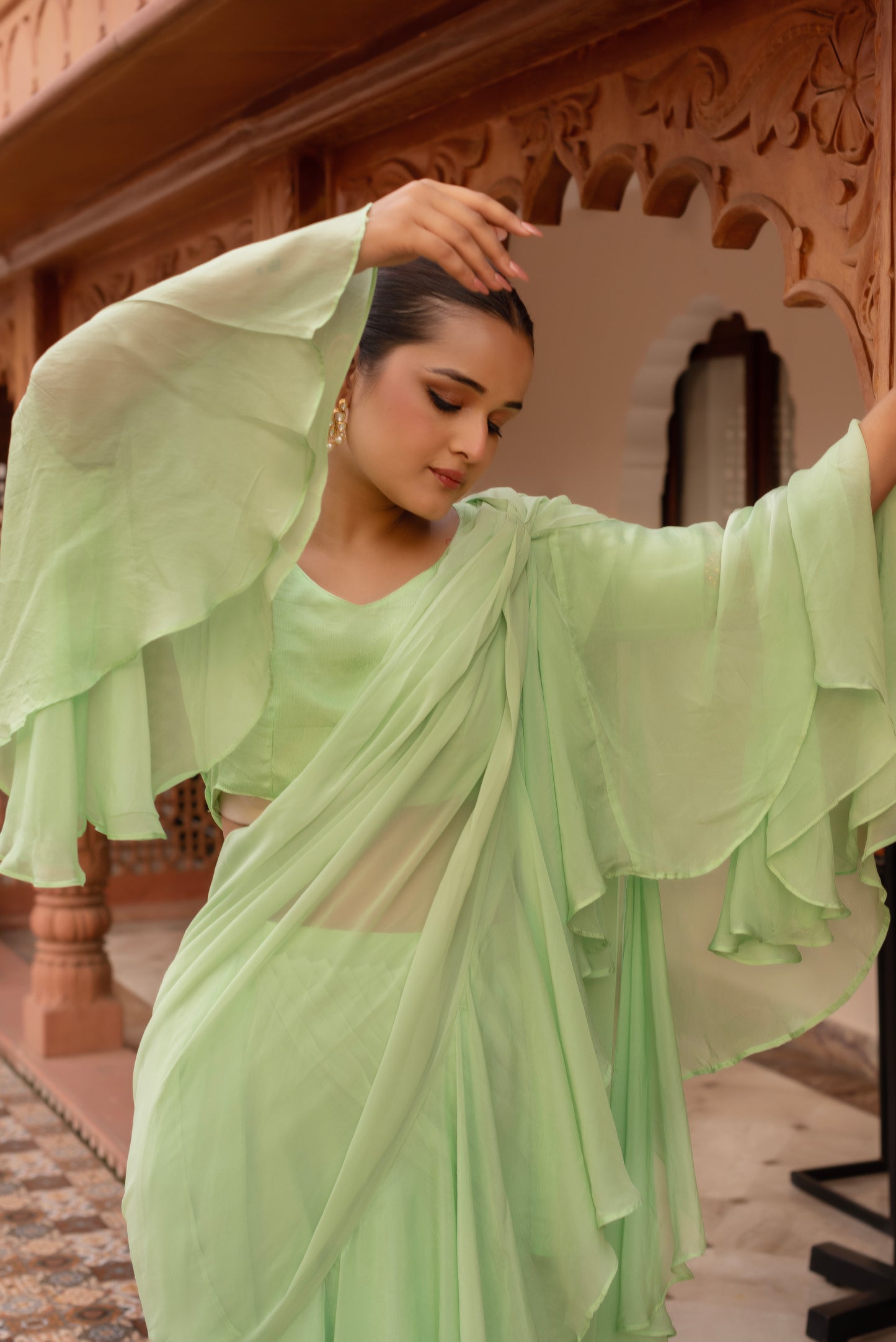 Elaichi Organza Georgette Pre-Draped Saree