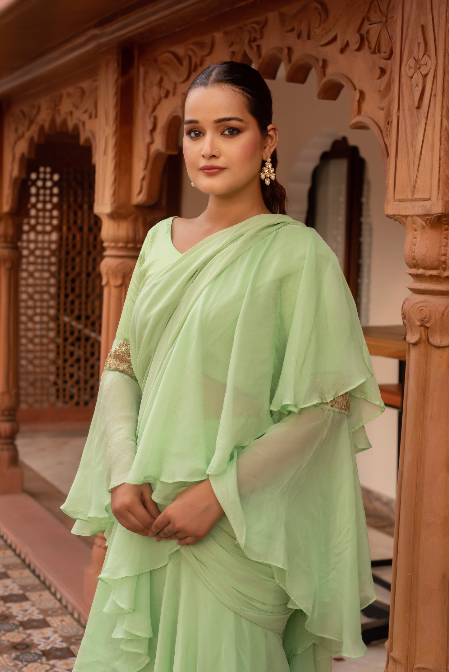 Elaichi Organza Georgette Pre-Draped Saree