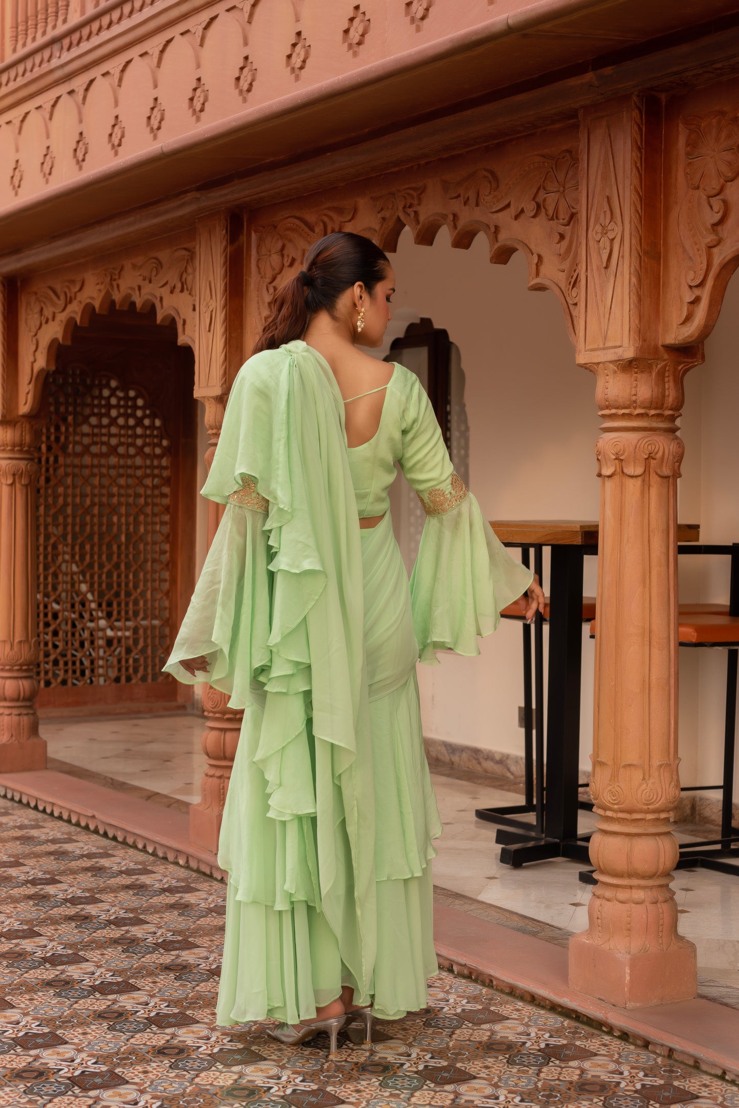 Elaichi Organza Georgette Pre-Draped Saree
