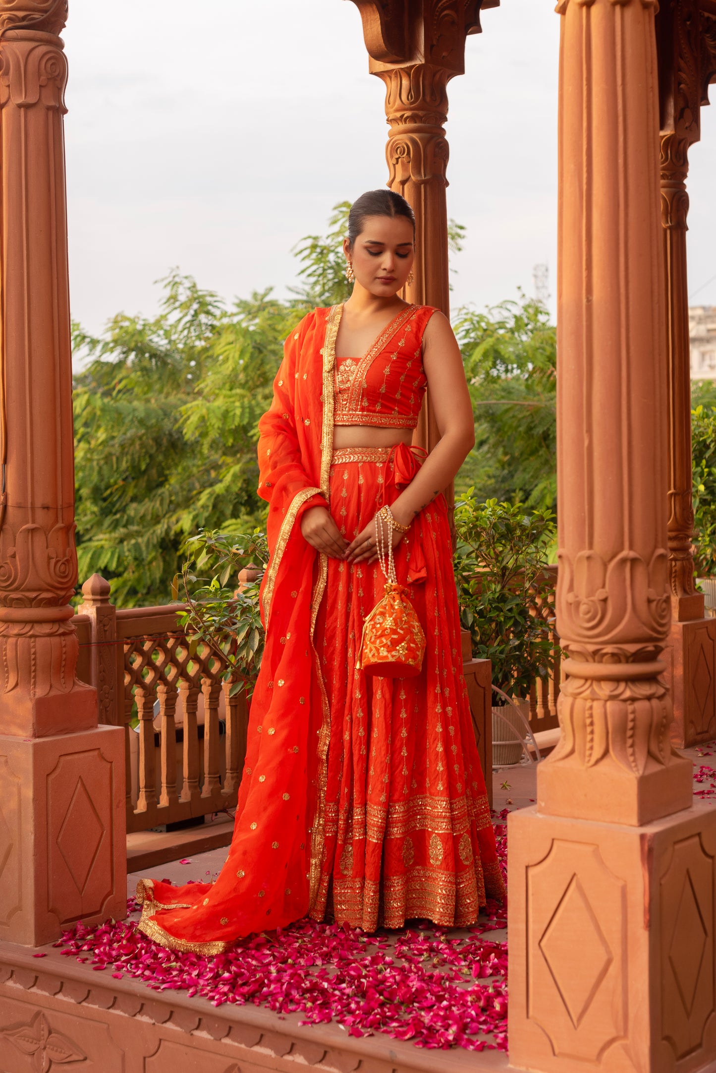 Orange Silk Embroidered And Sequined Lehenga Set