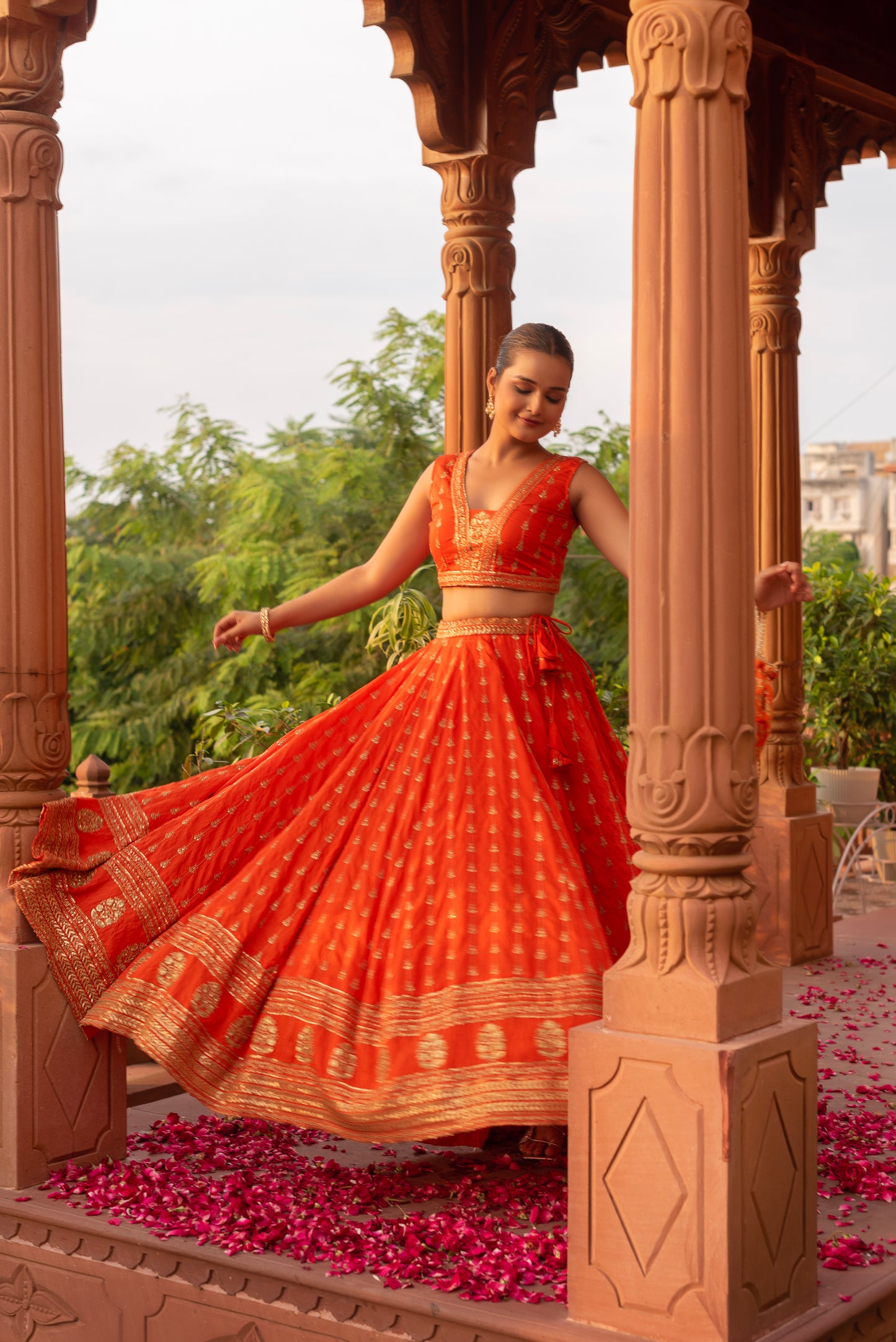 Orange Silk Embroidered And Sequined Lehenga Set