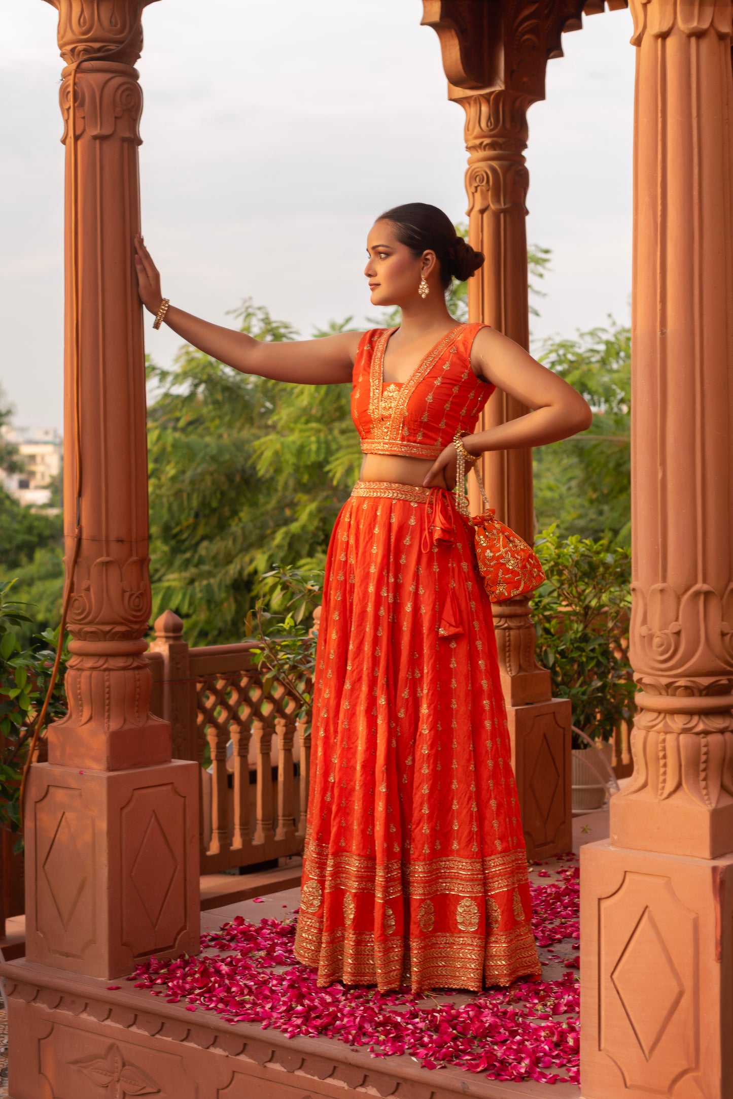 Orange Silk Embroidered And Sequined Lehenga Set