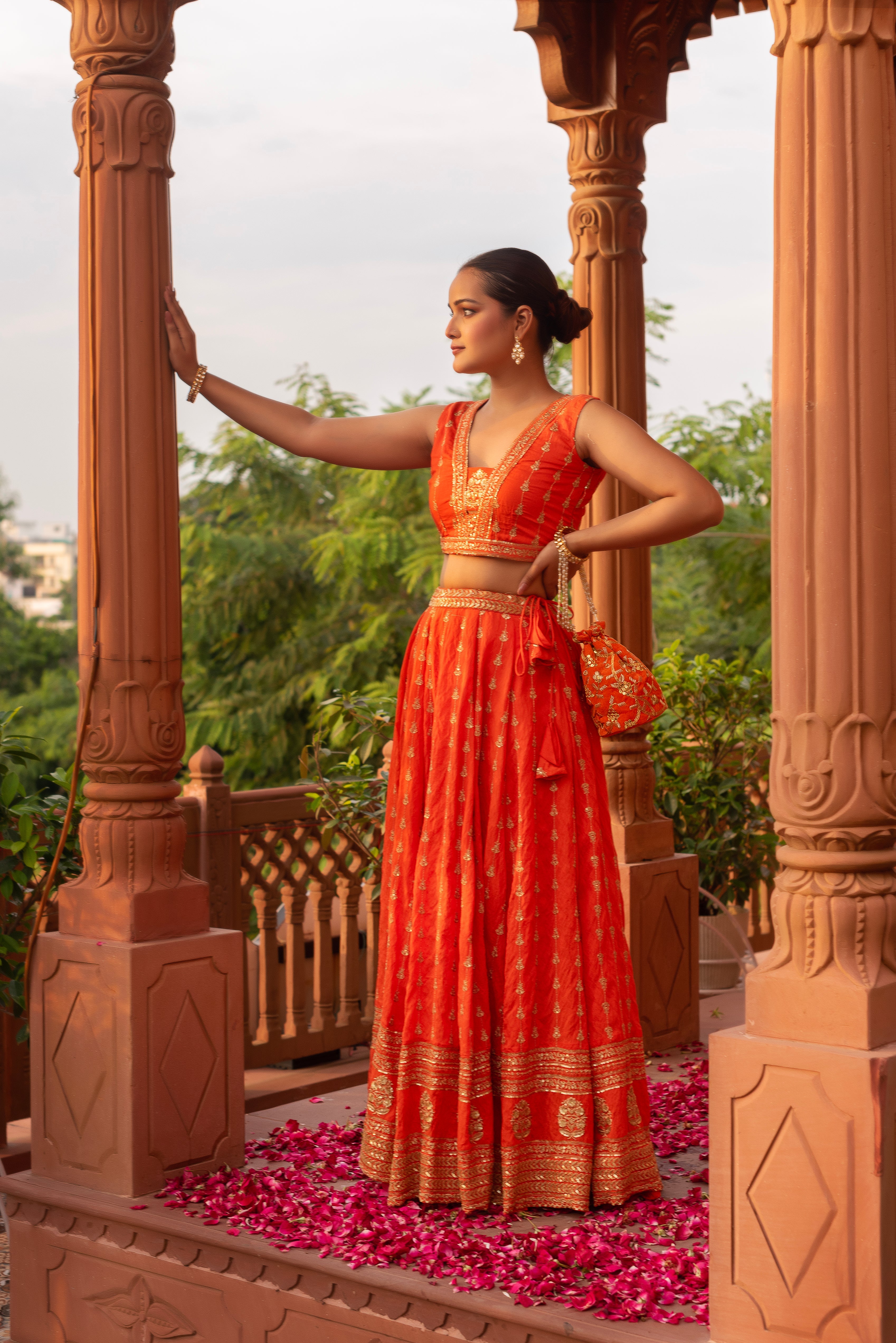 Orange Silk Embroidered And Sequined Lehenga Set