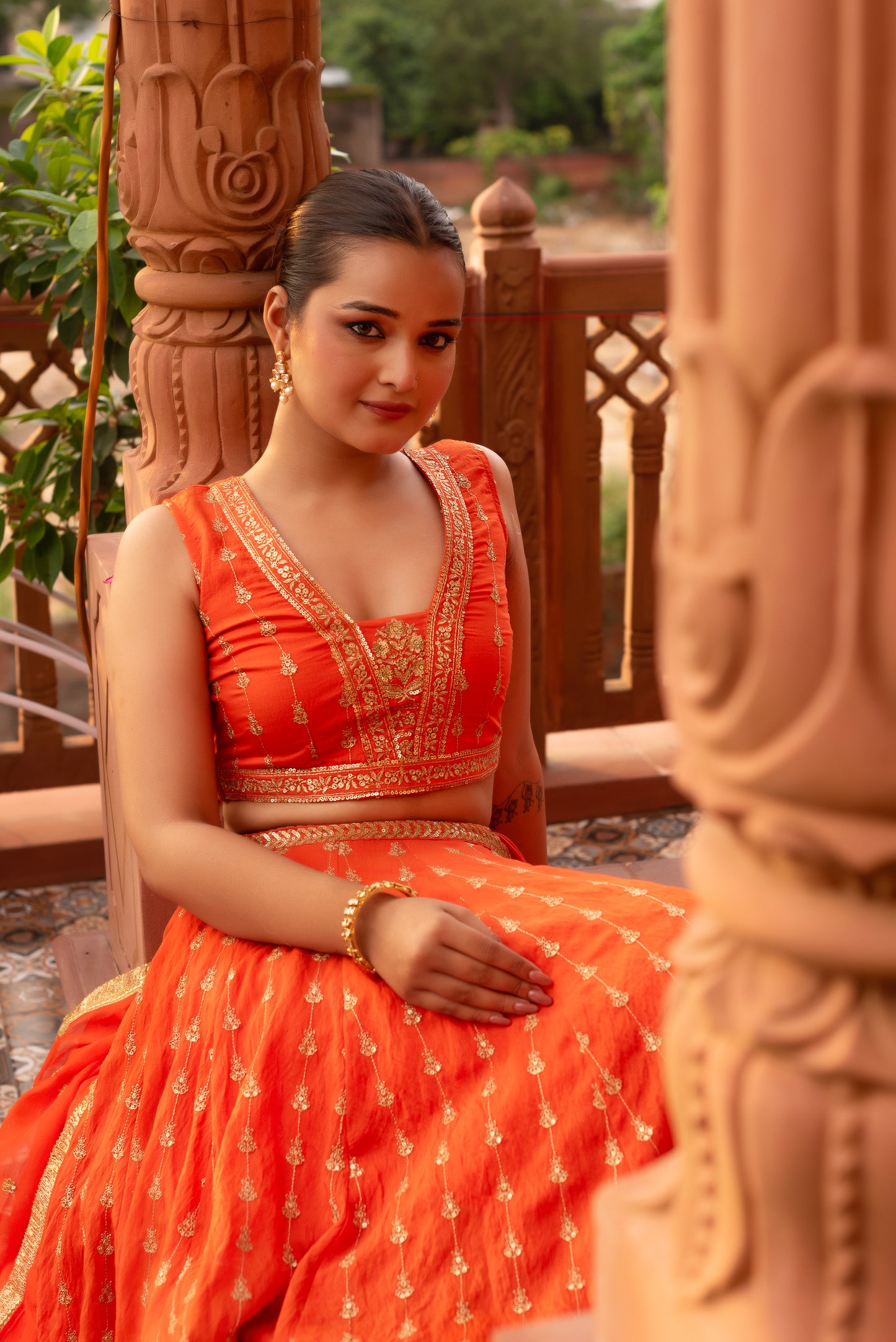 Orange Silk Embroidered And Sequined Lehenga Set