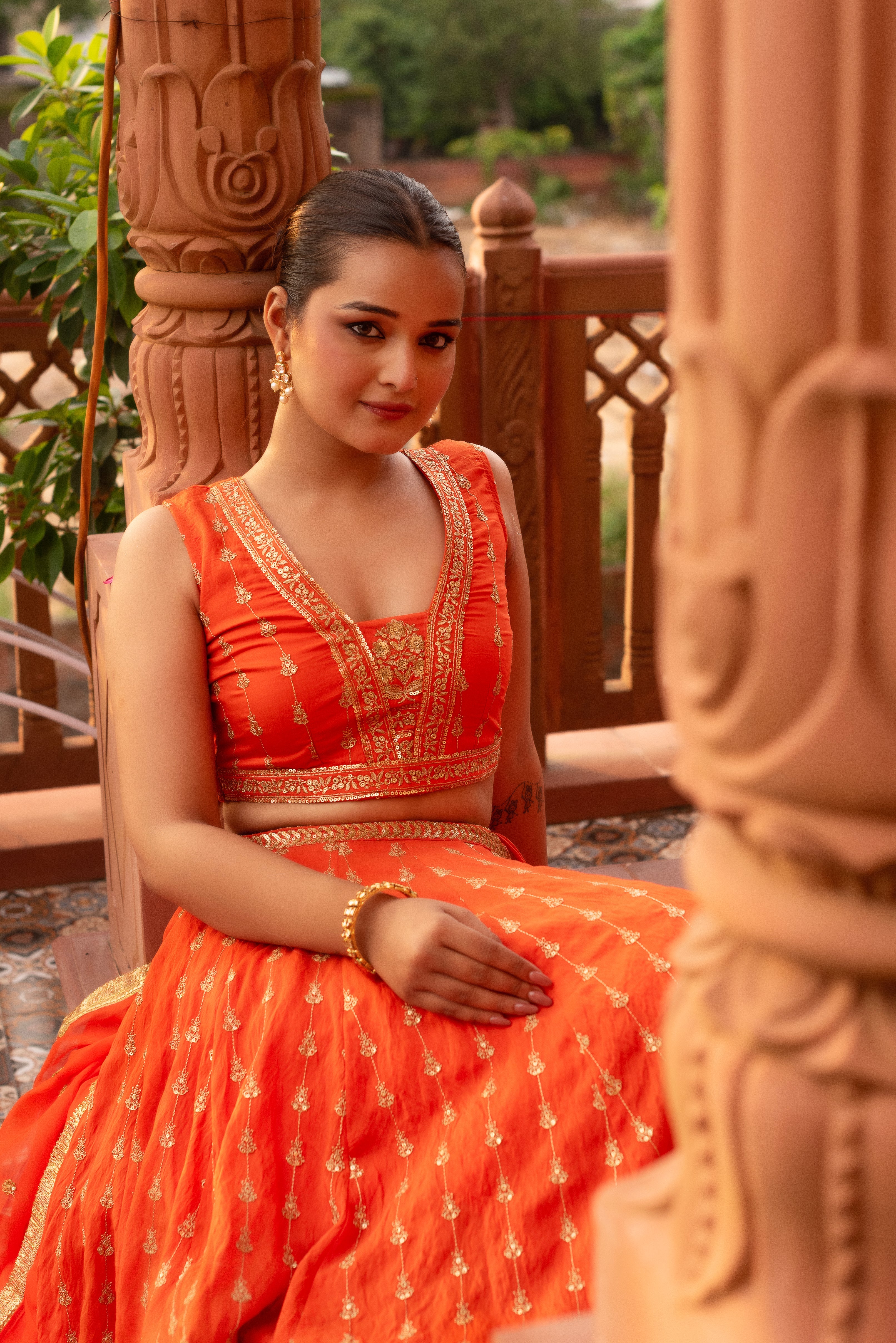 Orange Silk Embroidered And Sequined Lehenga Set