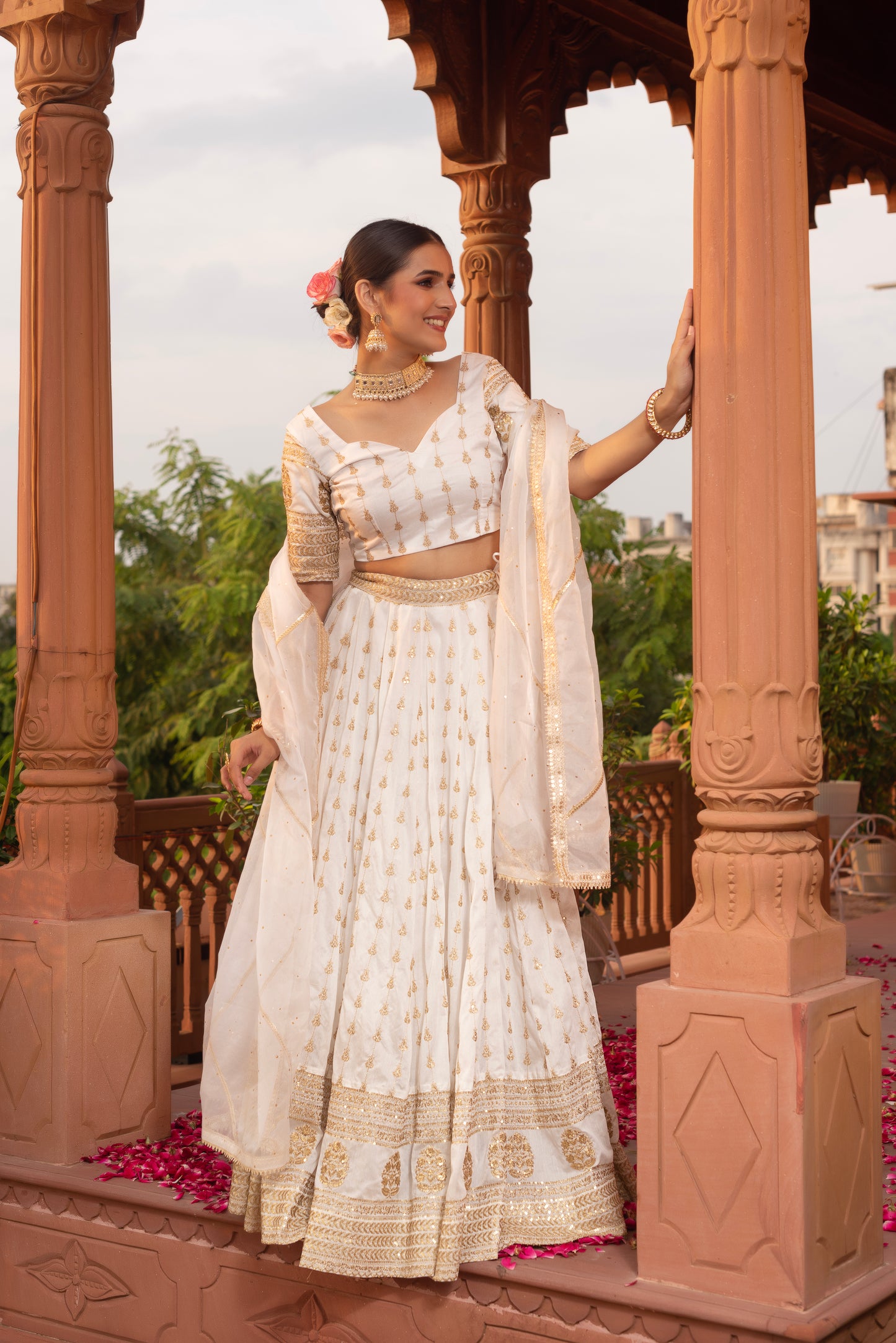 White Silk Embroidered And Sequined Lehenga Set