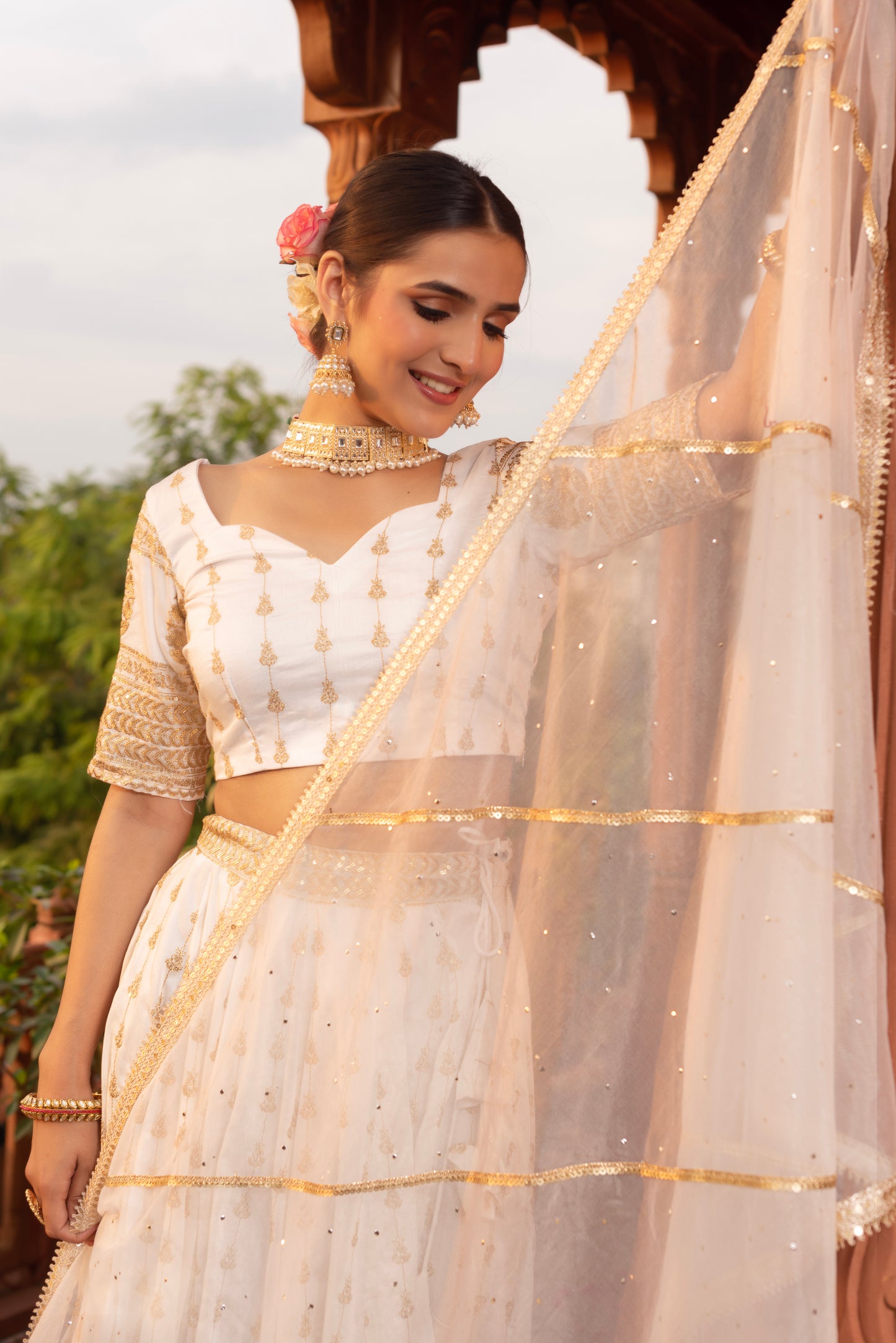 White Silk Embroidered And Sequined Lehenga Set