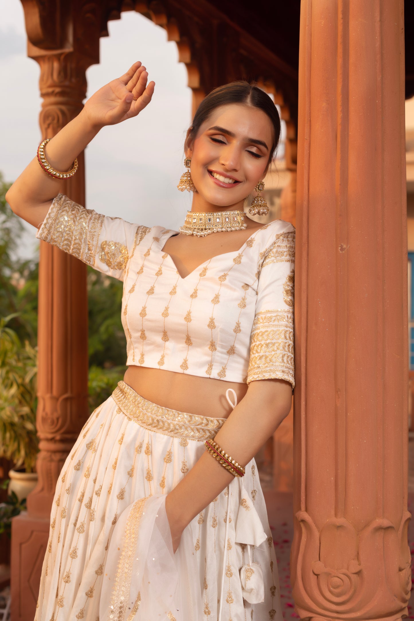 White Silk Embroidered And Sequined Lehenga Set