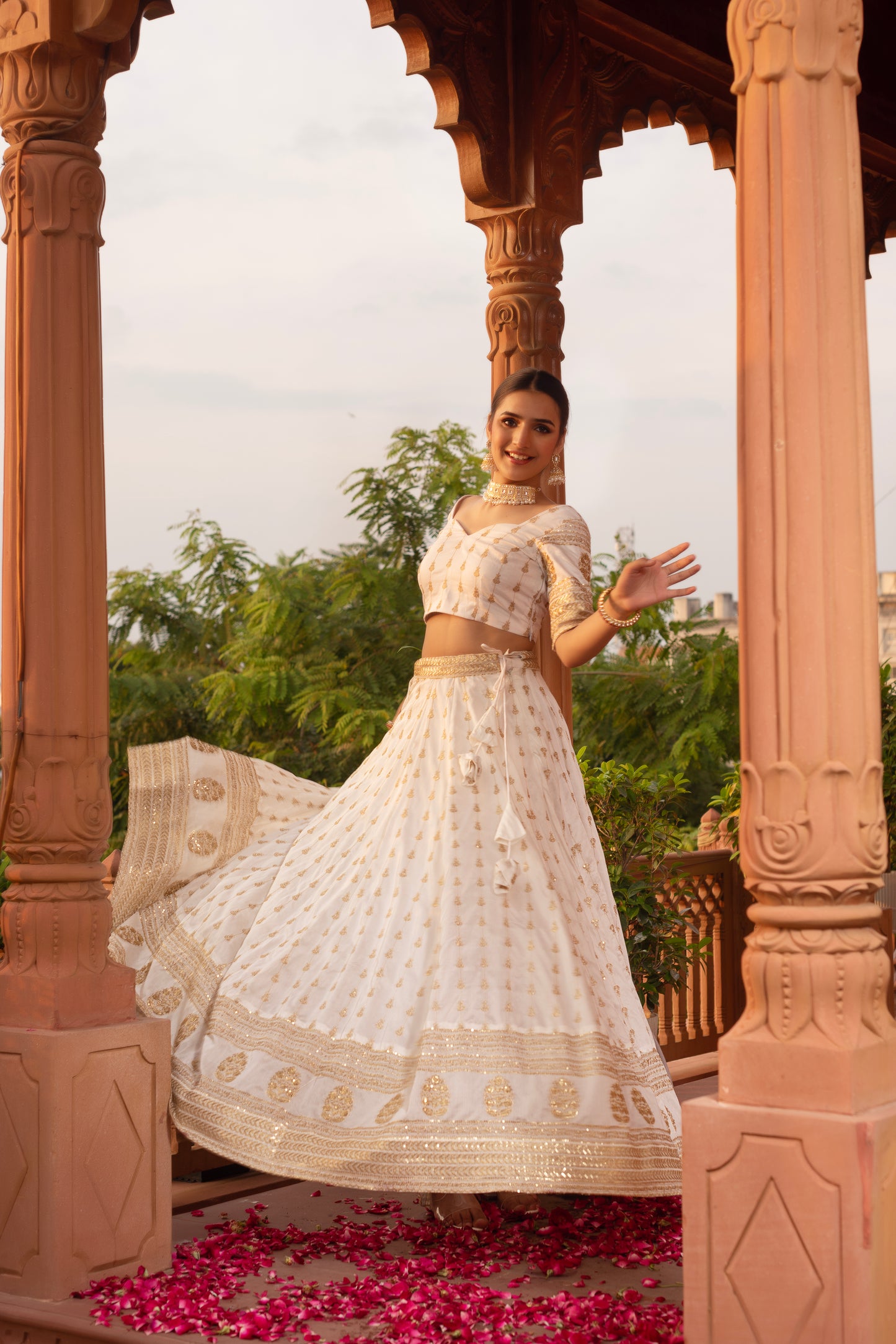 White Silk Embroidered And Sequined Lehenga Set