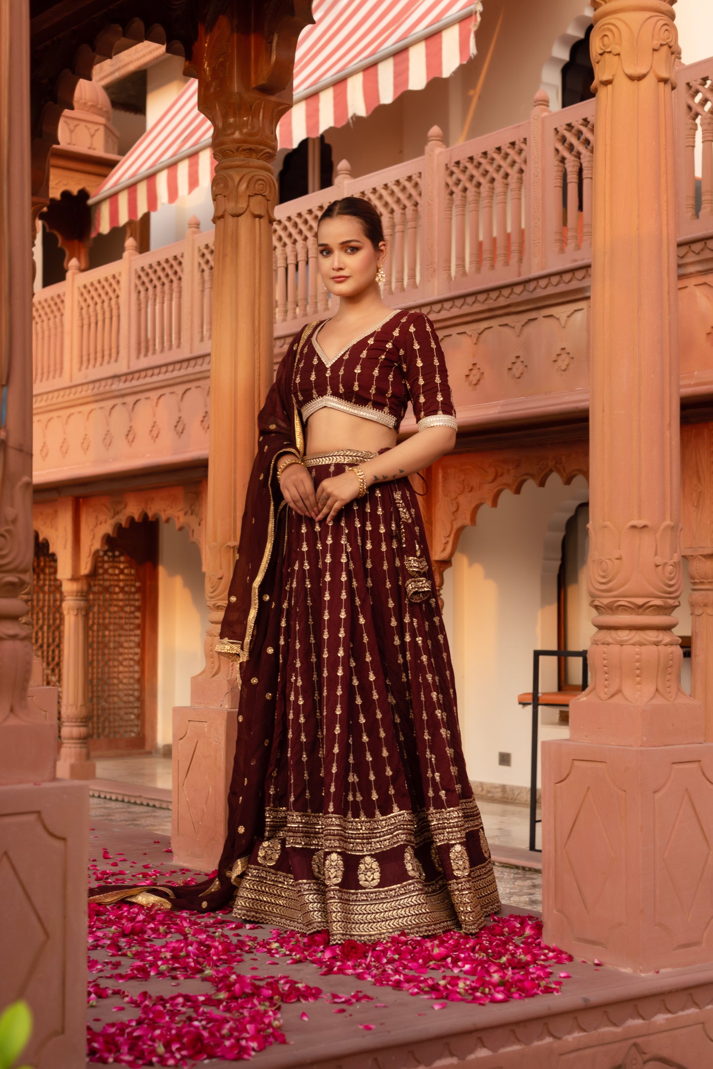 Wine Silk Embroidered And Sequined Lehenga Set
