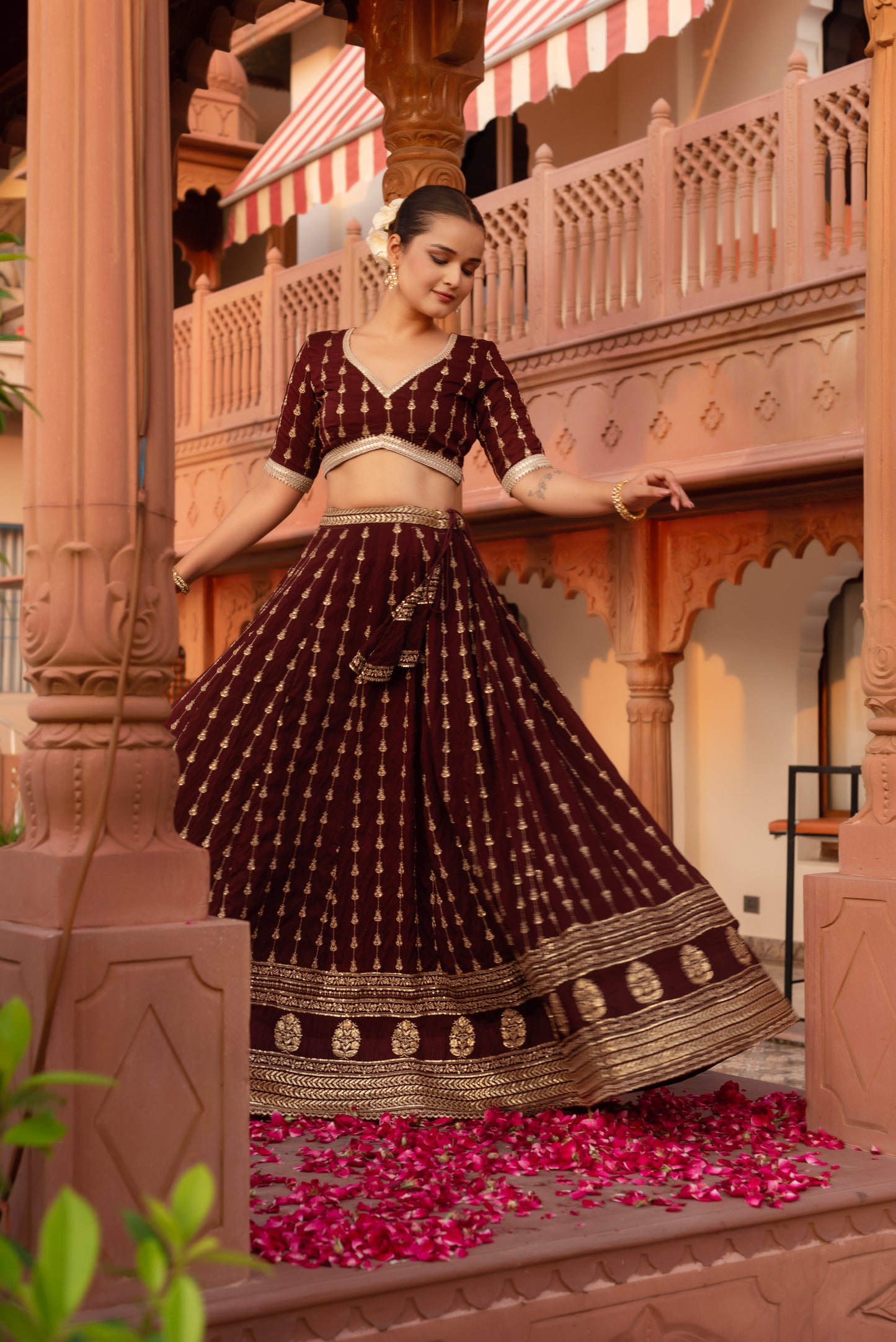 Wine Silk Embroidered And Sequined Lehenga Set