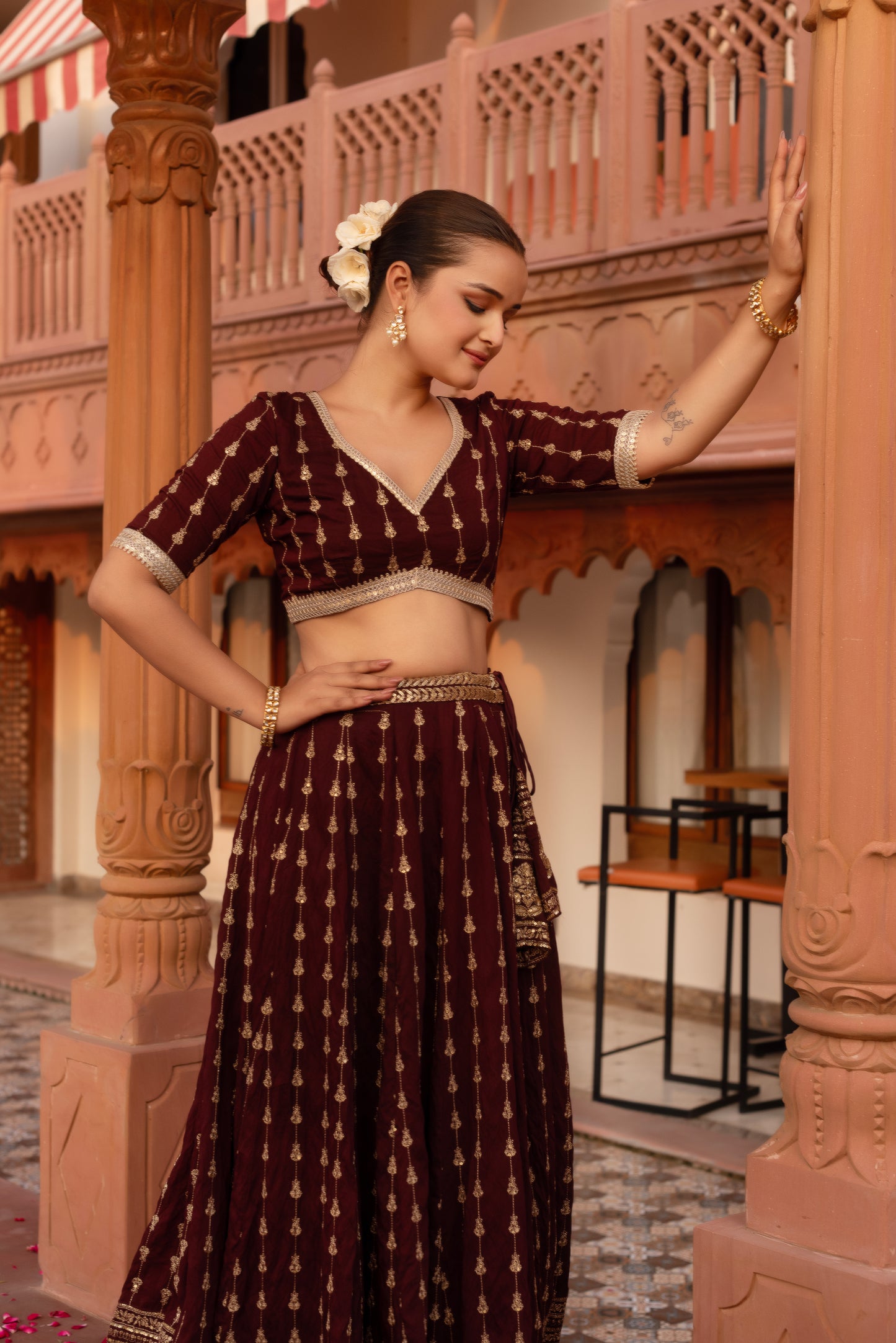 Wine Silk Embroidered And Sequined Lehenga Set