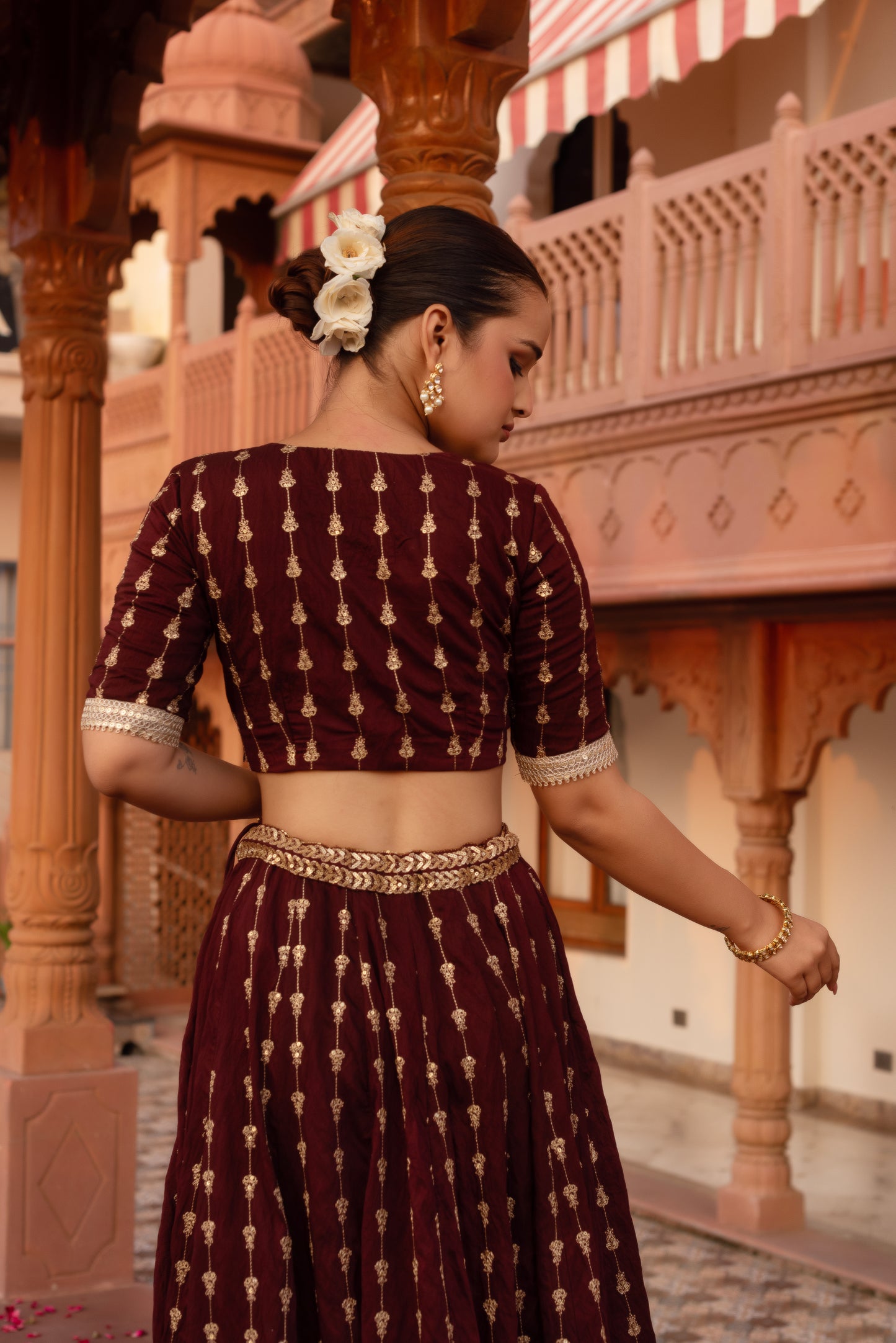 Wine Silk Embroidered And Sequined Lehenga Set