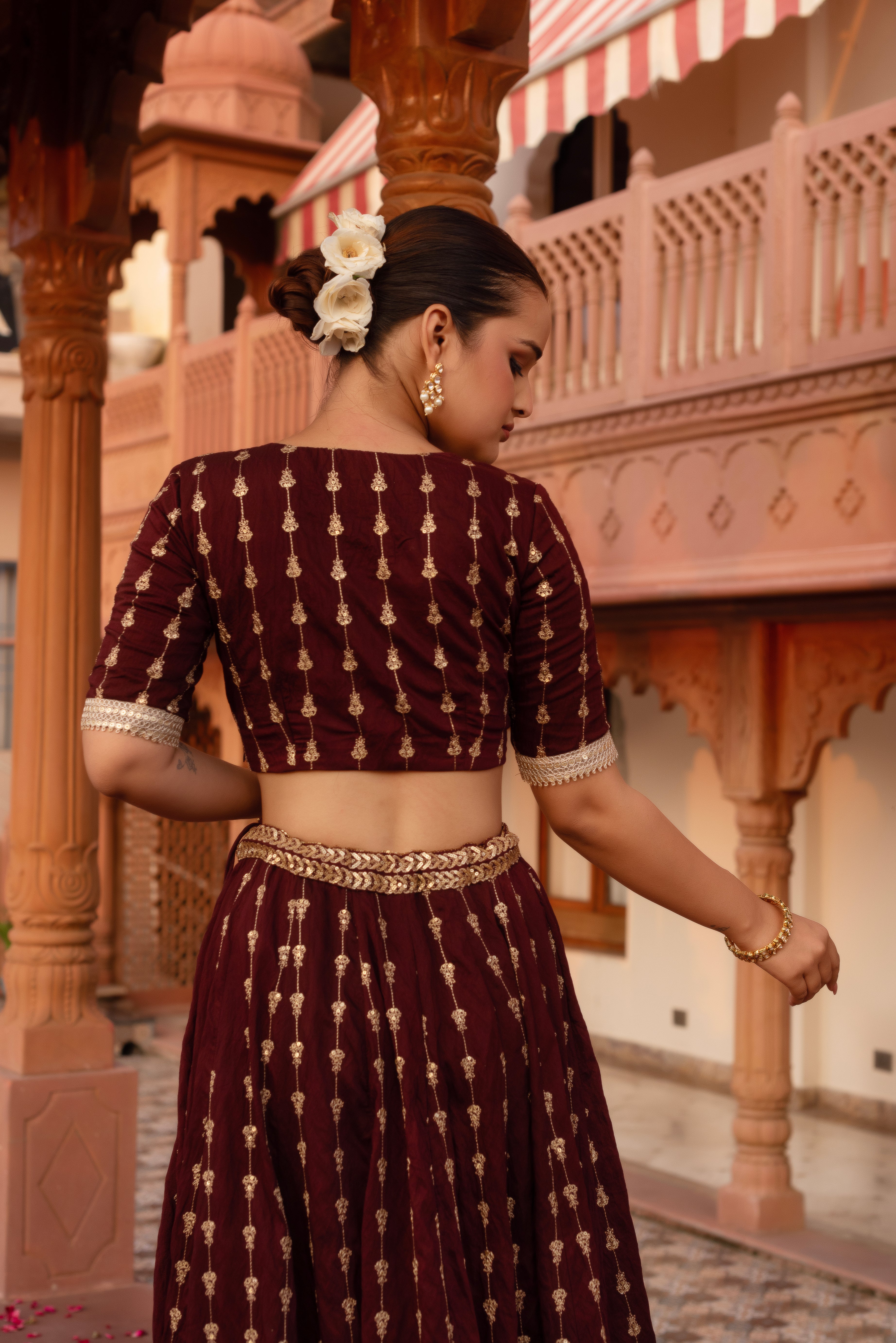 Wine Silk Embroidered And Sequined Lehenga Set