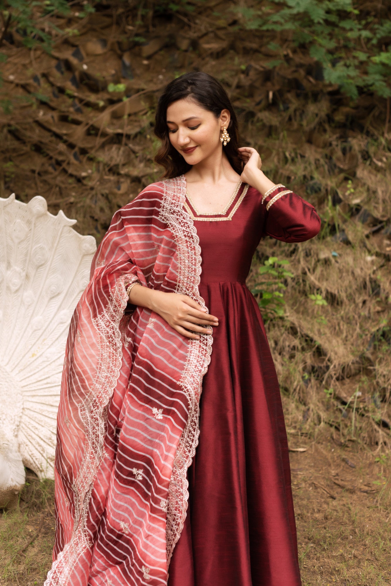 Maroon Dupain Silk Anarkali Suit Set with Lehriya Embroided Dupatta