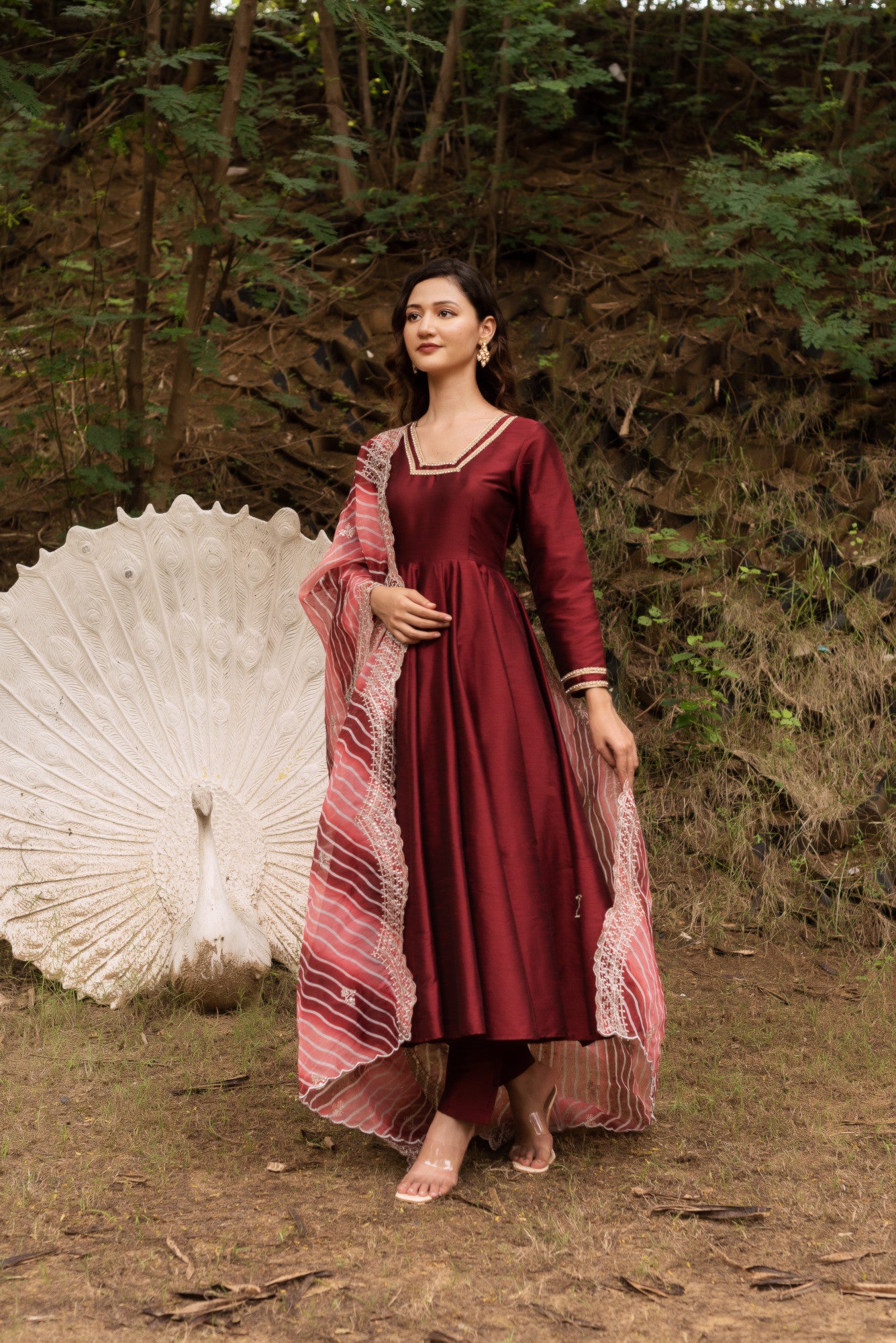 Maroon Dupain Silk Anarkali Suit Set with Lehriya Embroided Dupatta