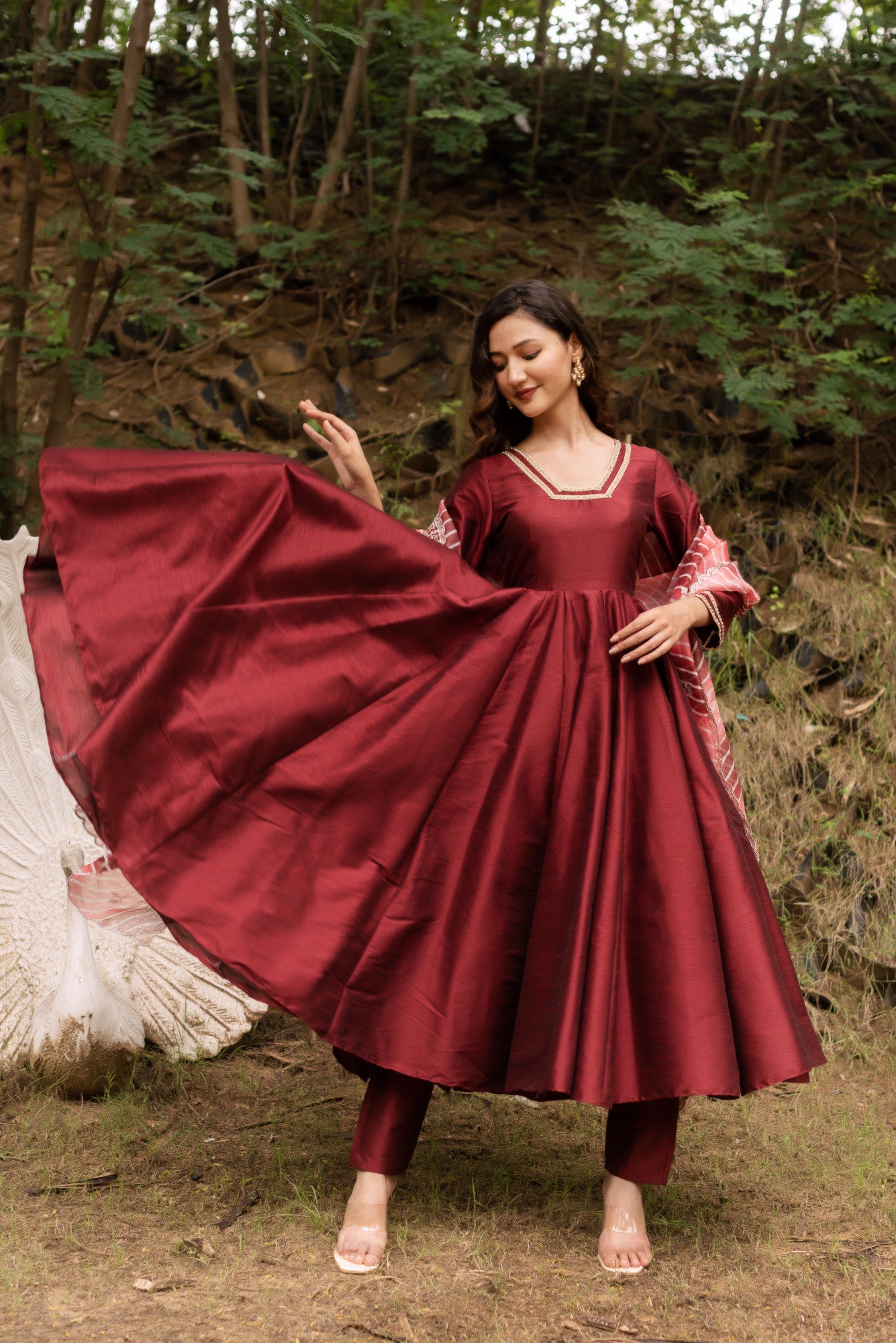 Maroon Dupain Silk Anarkali Suit Set with Lehriya Embroided Dupatta