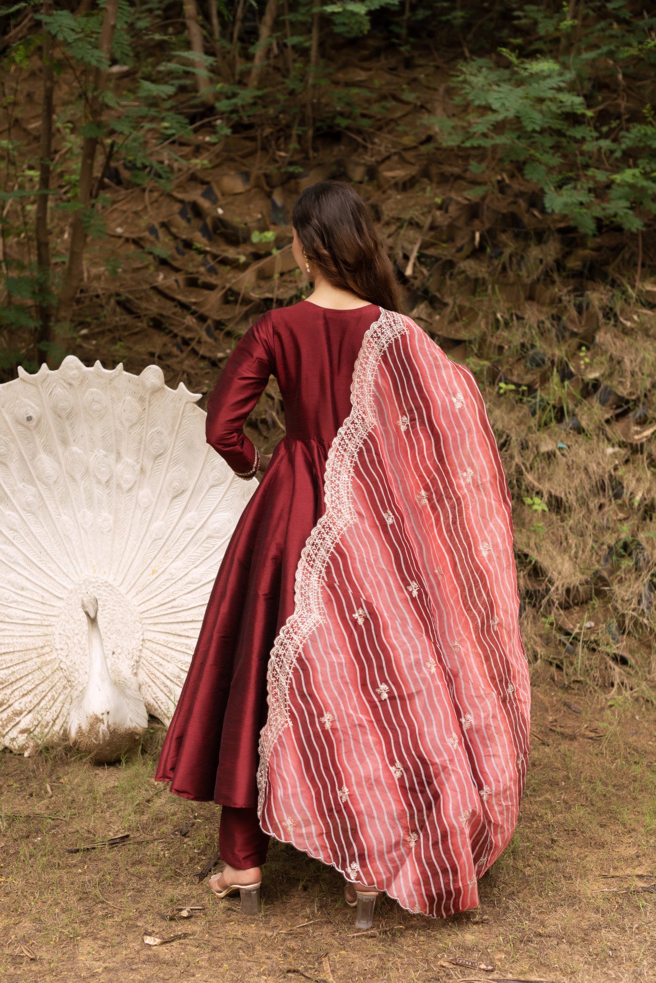 Maroon Dupain Silk Anarkali Suit Set with Lehriya Embroided Dupatta