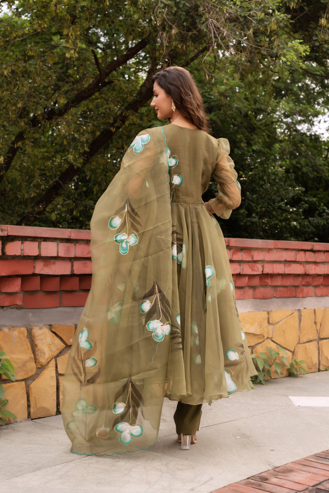 Olive Green Handpainted Anarkali Suit Set